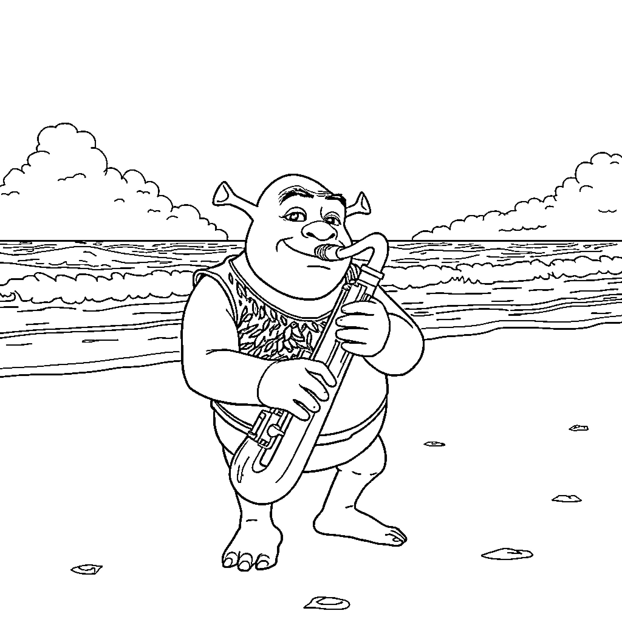 Shrek playing saxophone on the beach Coloring Page (free black-and-white line drawing printable PDF for all, from beginners to advanced learners, including children, teens, adults, and seniors)