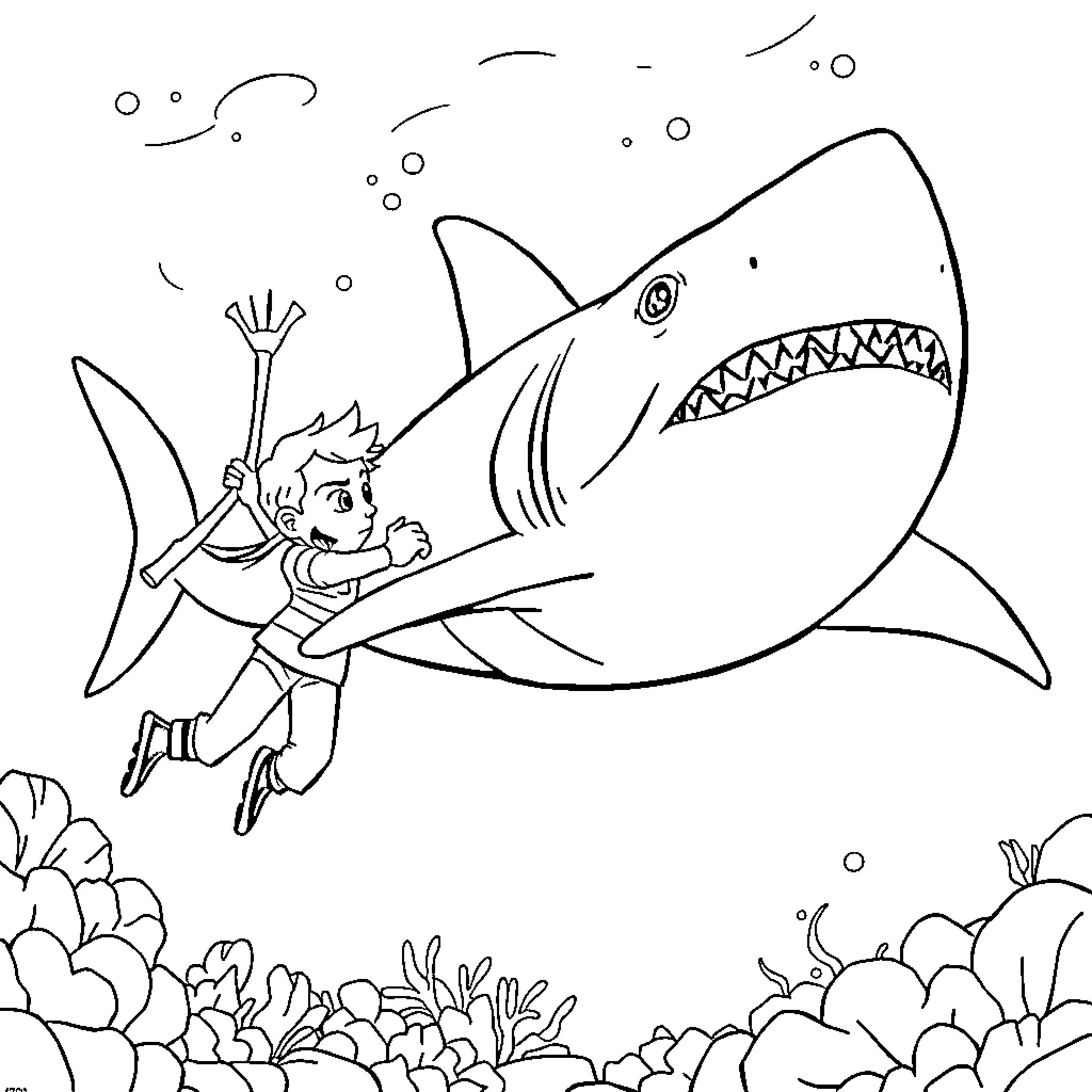 Dominic Hasek riding a giant shark underwater Coloring Page (free black-and-white line drawing printable PDF for all, from beginners to advanced learners, including children, teens, adults, and seniors)