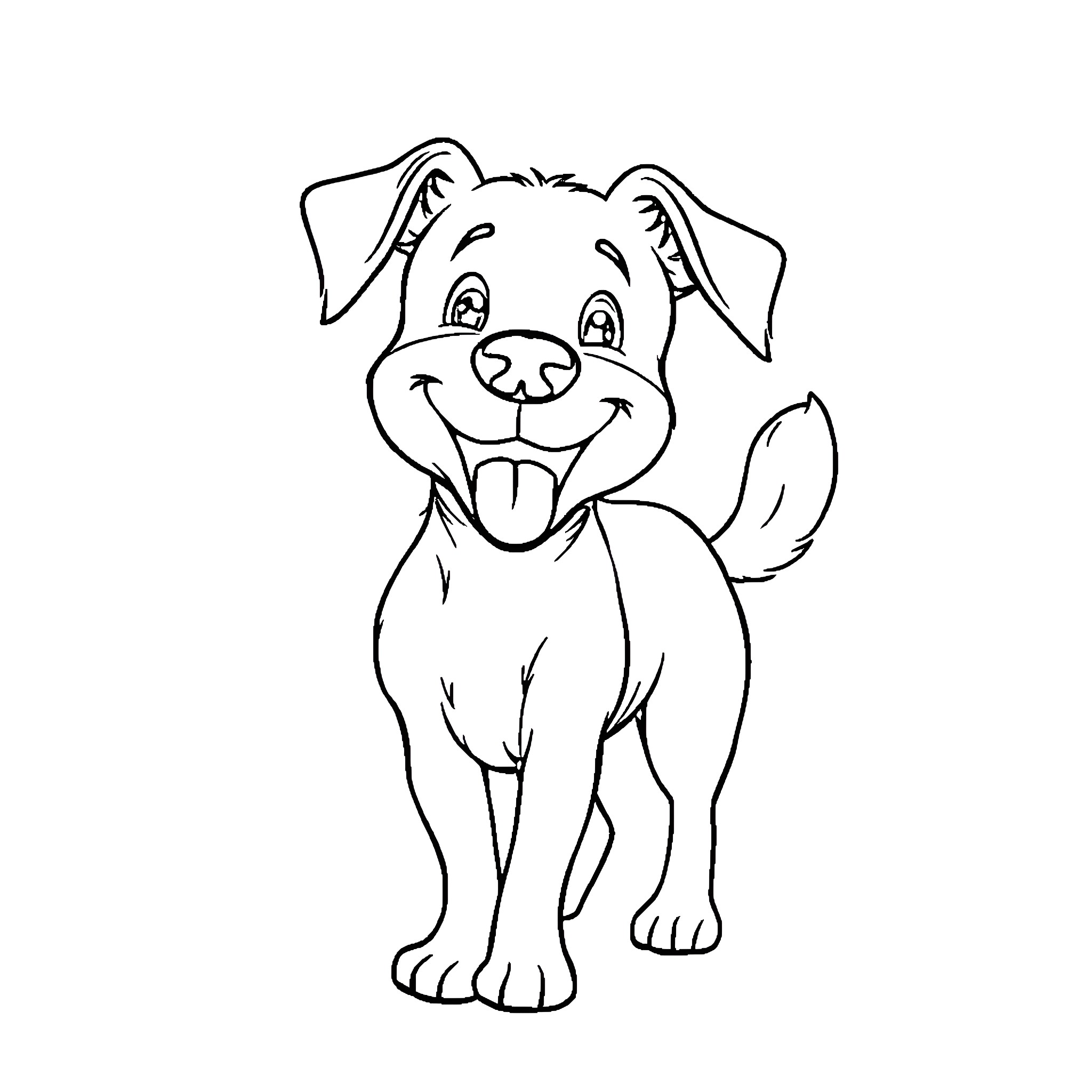 Dog standing happily and smiling Coloring Page (free black-and-white line drawing printable PDF for all, from beginners to advanced learners, including children, teens, adults, and seniors)