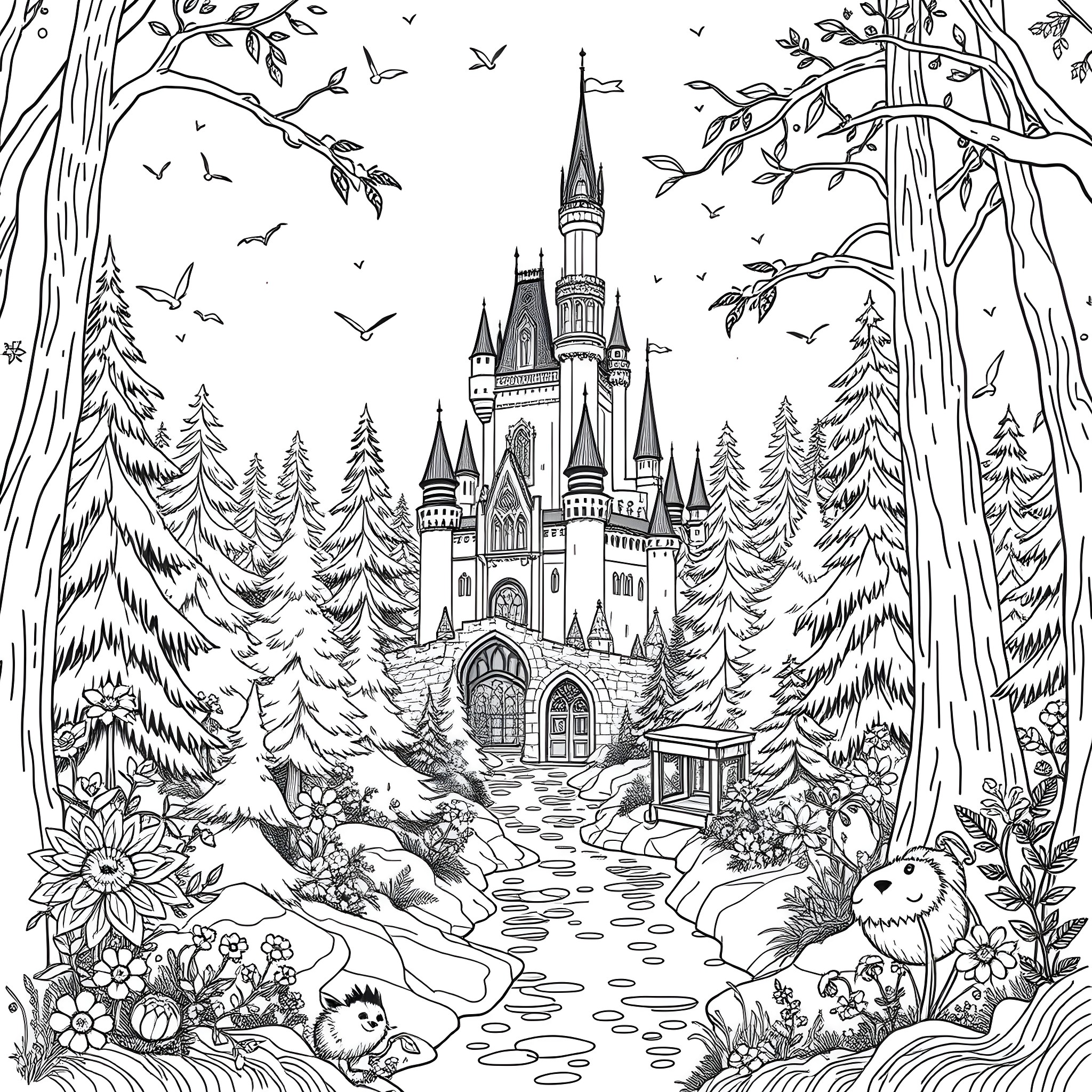 Castle in the enchanted forest Coloring Page (free black-and-white line drawing printable PDF for all, from beginners to advanced learners, including children, teens, adults, and seniors)