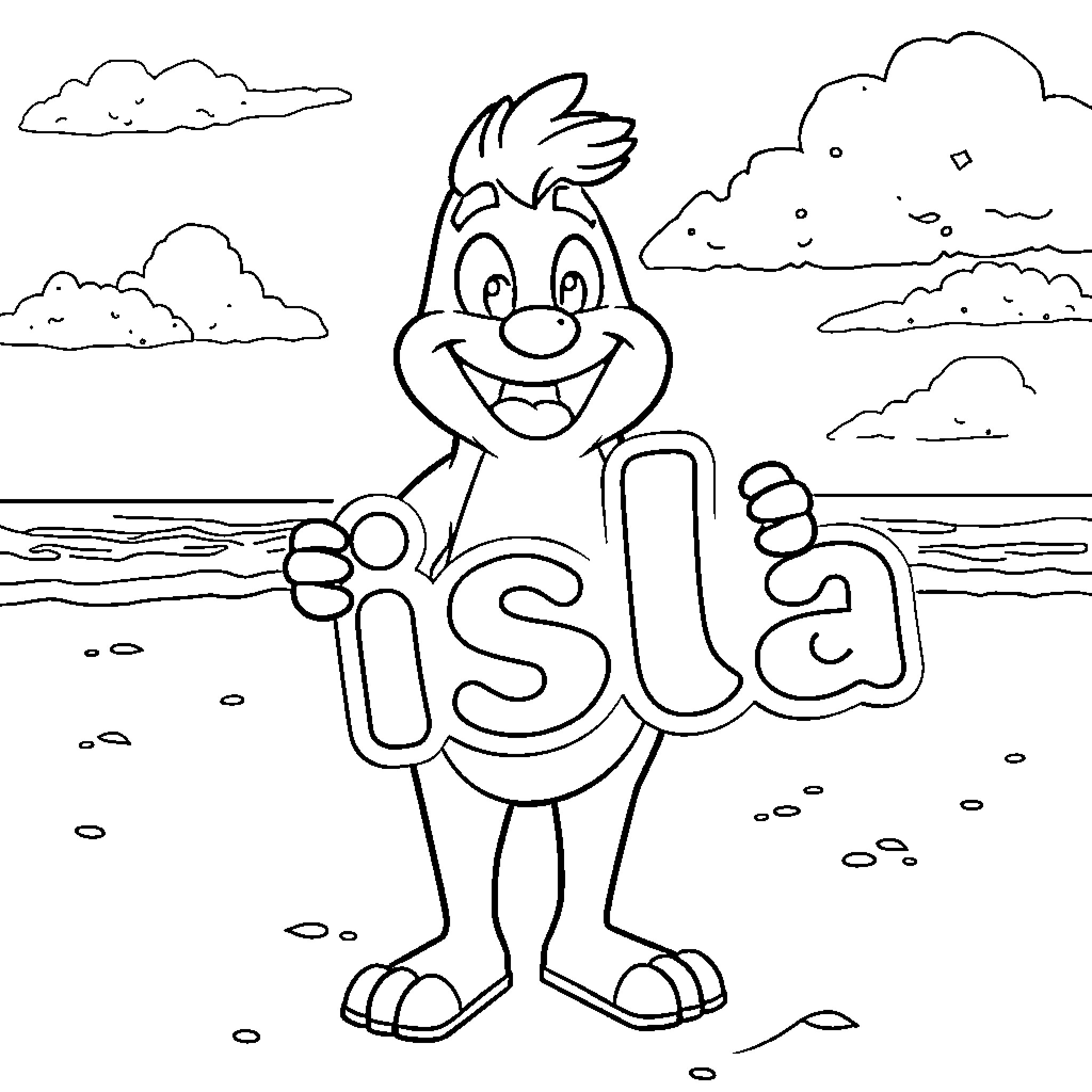 Bluey happily holding 'Isla' sign on the beach Coloring Page (free black-and-white line drawing printable PDF for all, from beginners to advanced learners, including children, teens, adults, and seniors)