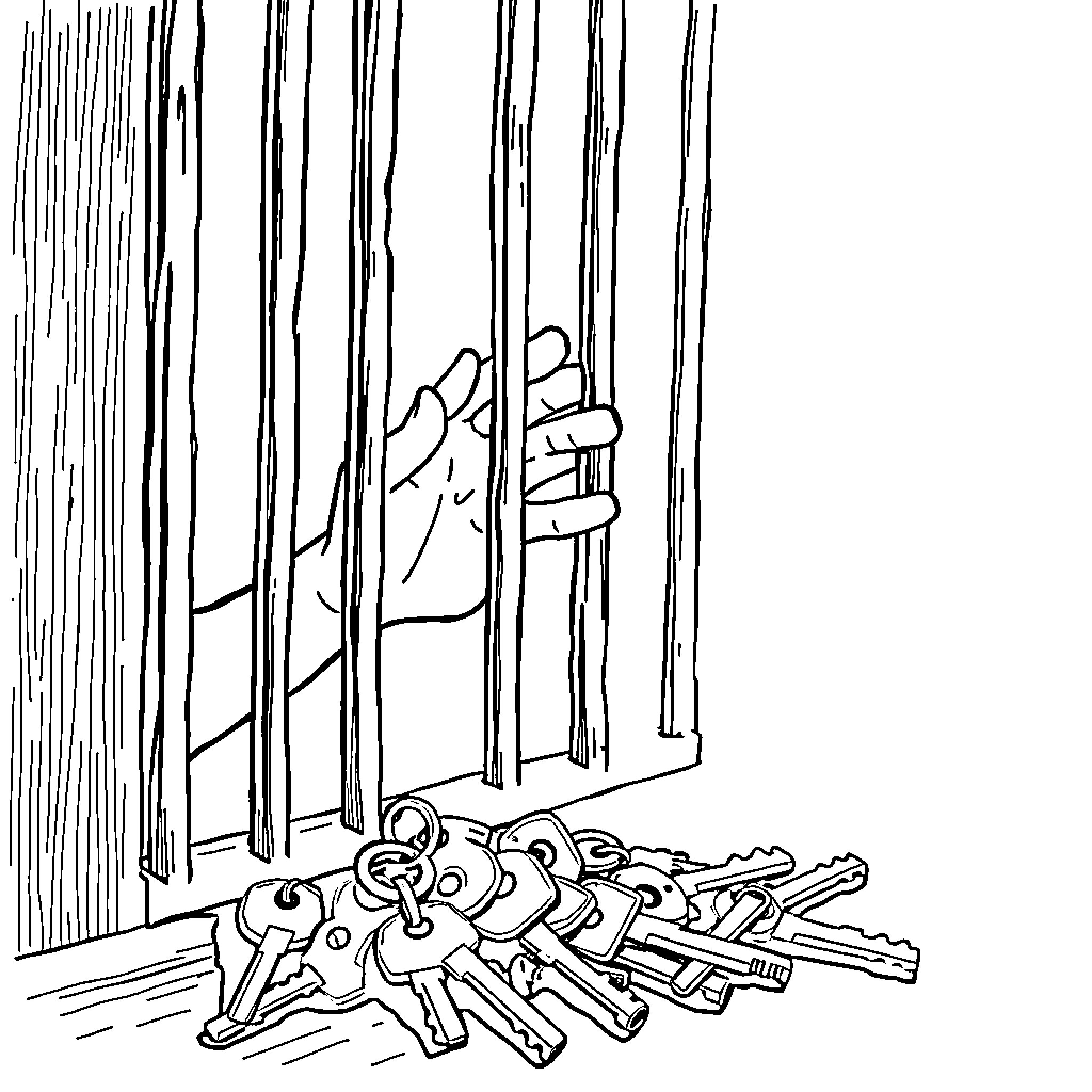 Hand reaching through jail bars with keys on floor Coloring Page (free black-and-white line drawing printable PDF for all, from beginners to advanced learners, including children, teens, adults, and seniors)