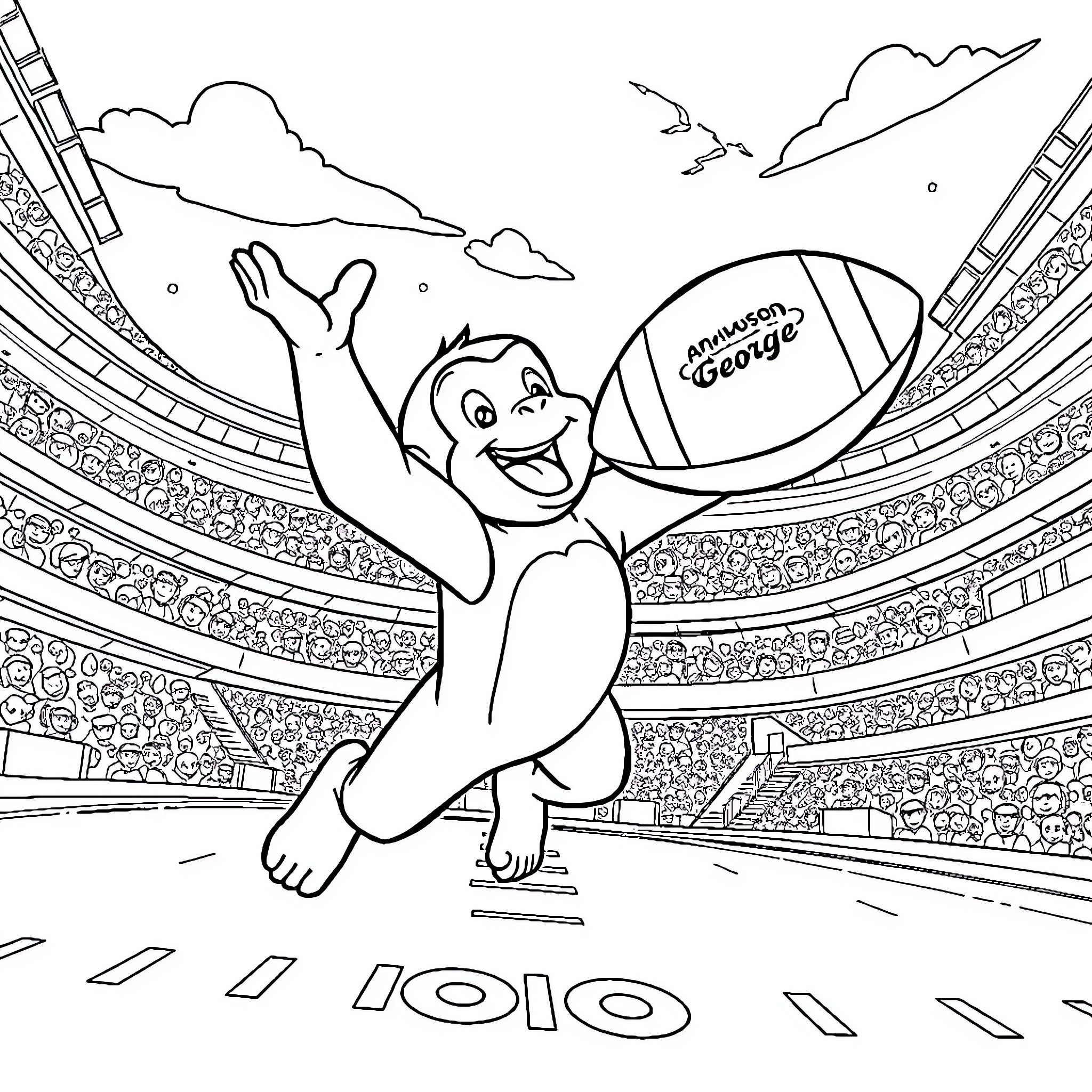 Monkey having fun in a stadium Coloring Page (free black-and-white line drawing printable PDF for all, from beginners to advanced learners, including children, teens, adults, and seniors)