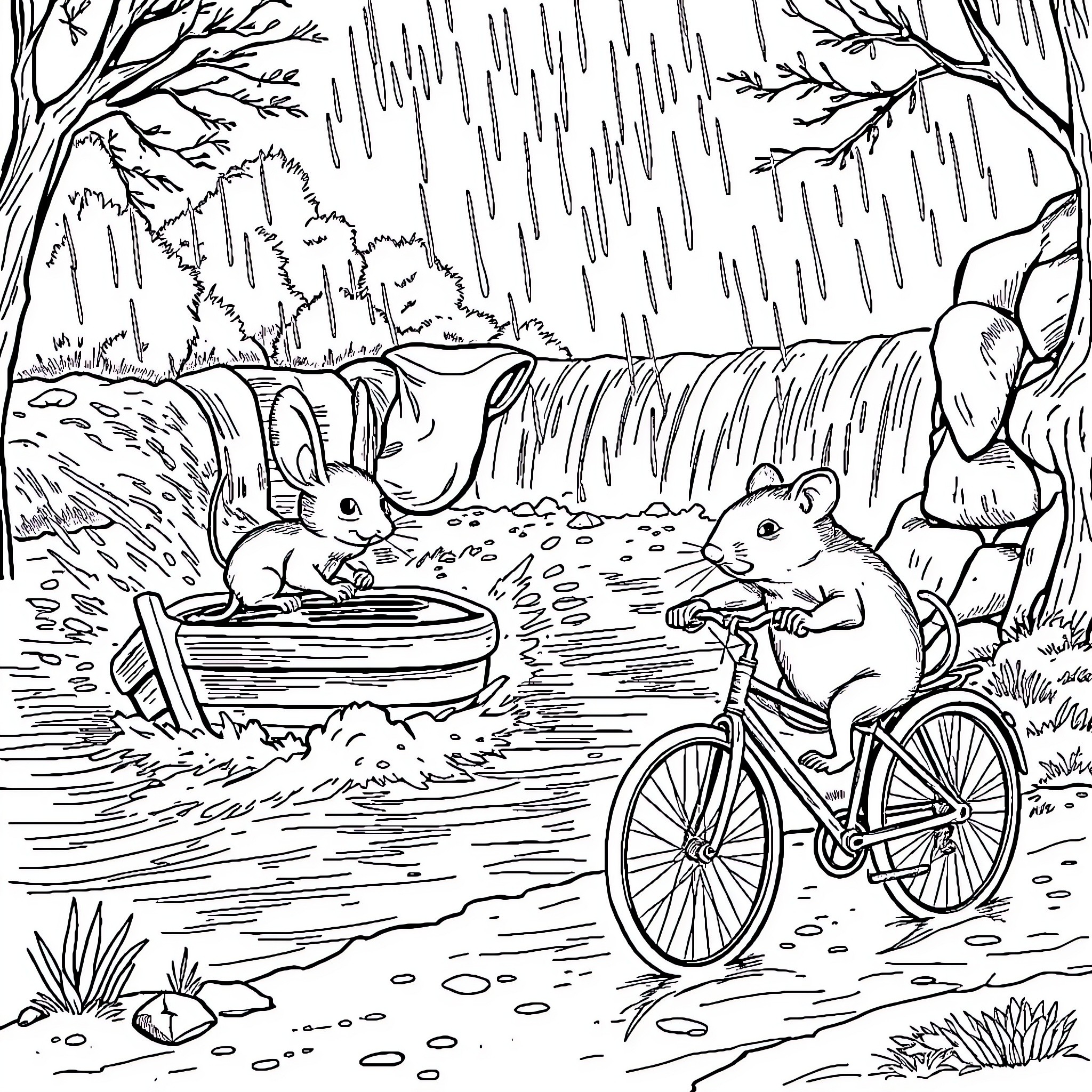 Mouse friends enjoy outdoor activities in the forest Coloring Page (free black-and-white line drawing printable PDF for all, from beginners to advanced learners, including children, teens, adults, and seniors)