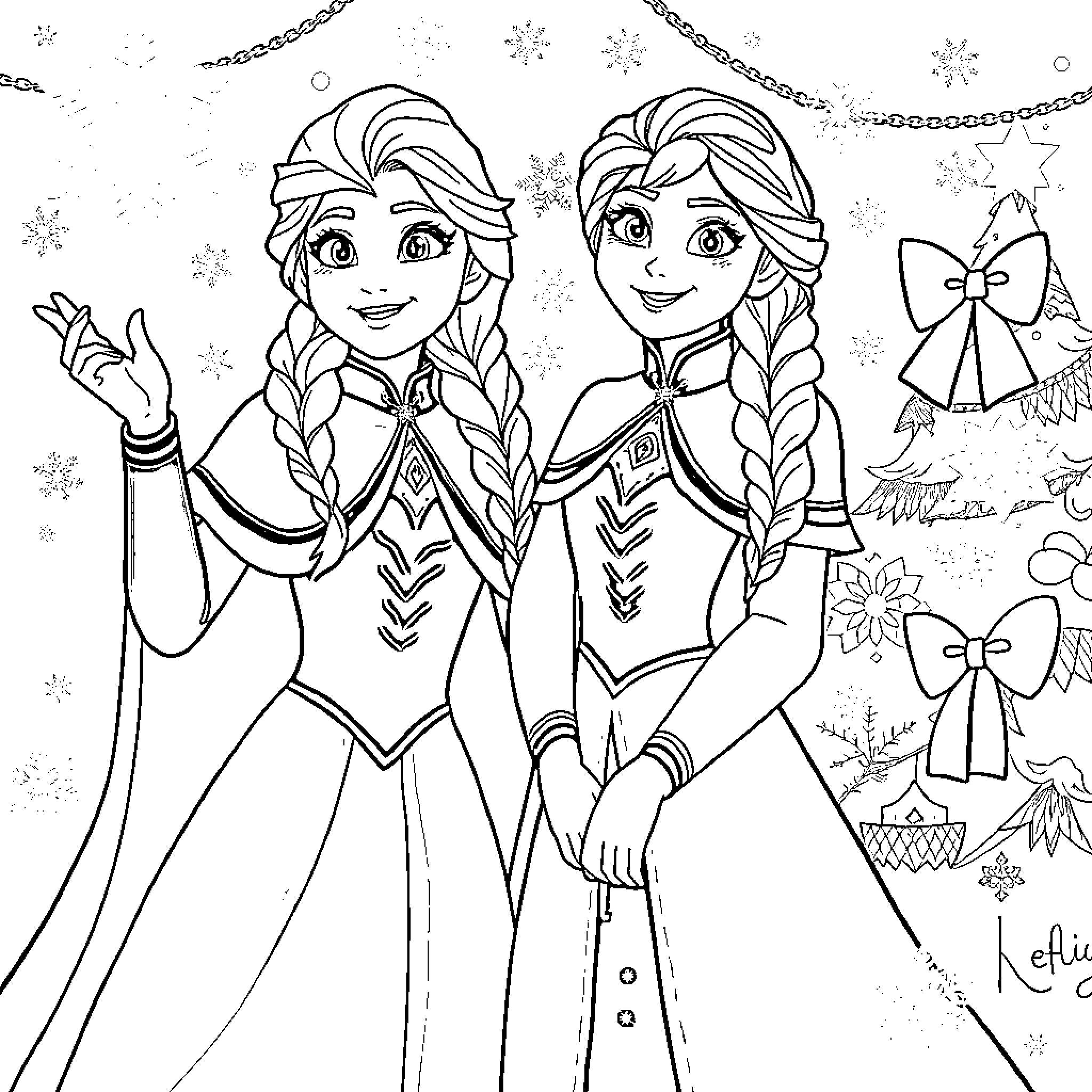 Frozen Sisters in Snow-Filled Adventure Coloring Page (free black-and-white line drawing printable PDF for all, from beginners to advanced learners, including children, teens, adults, and seniors)