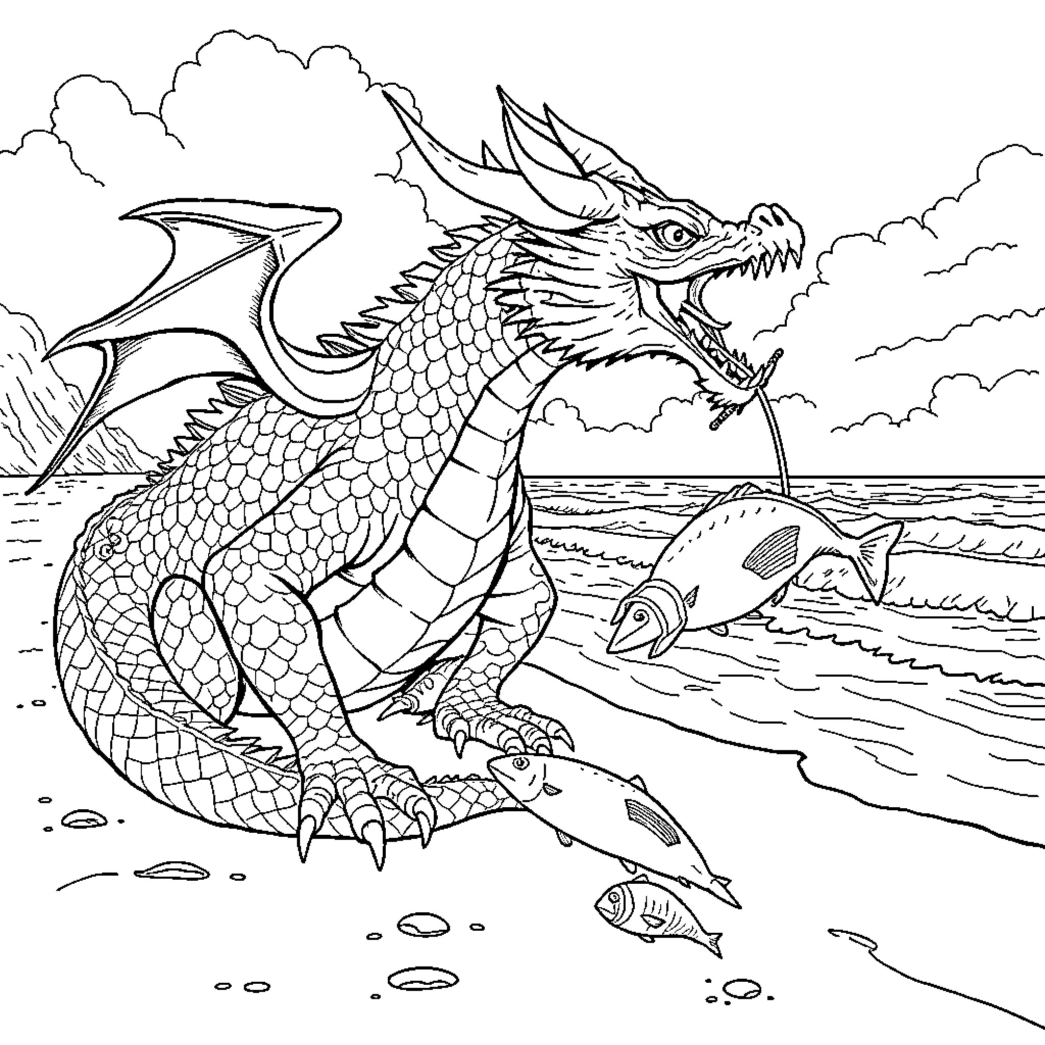 Dragon soaring over the ocean waves Coloring Page (free black-and-white line drawing printable PDF for all, from beginners to advanced learners, including children, teens, adults, and seniors)