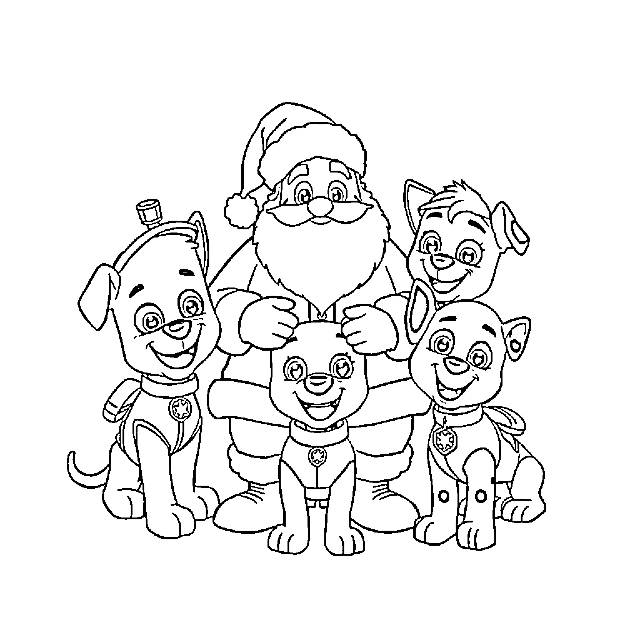 Paw Patrol characters celebrating the holidays together Coloring Page (free black-and-white line drawing printable PDF for all, from beginners to advanced learners, including children, teens, adults, and seniors)