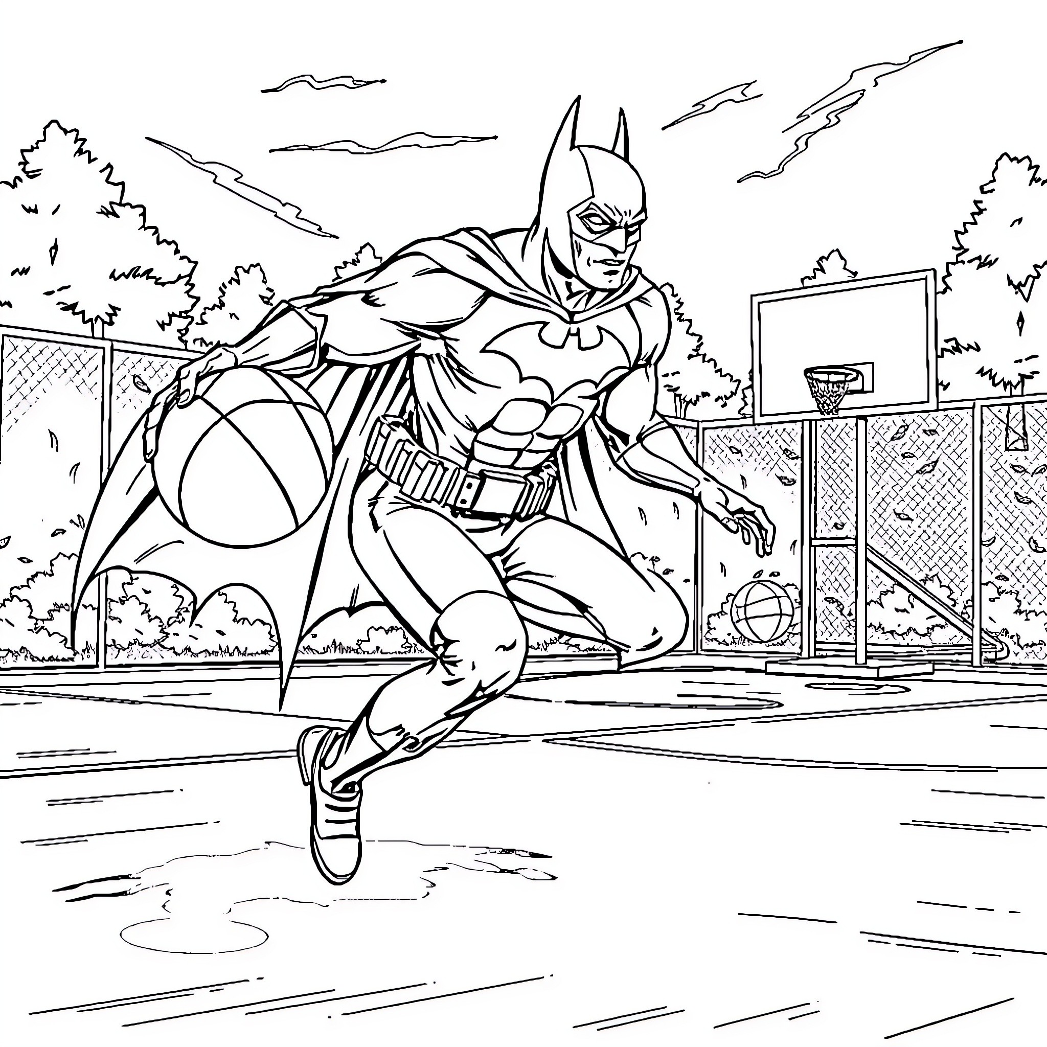 Batman Playing Basketball on the Court Coloring Page (free black-and-white line drawing printable PDF for all, from beginners to advanced learners, including children, teens, adults, and seniors)