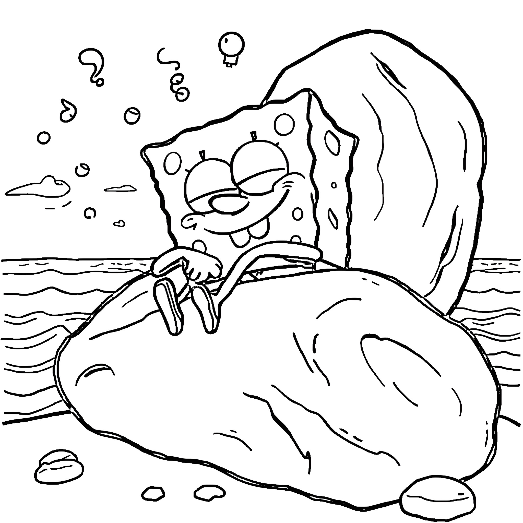 Spongebob's silly adventure on the beach Coloring Page (free black-and-white line drawing printable PDF for all, from beginners to advanced learners, including children, teens, adults, and seniors)