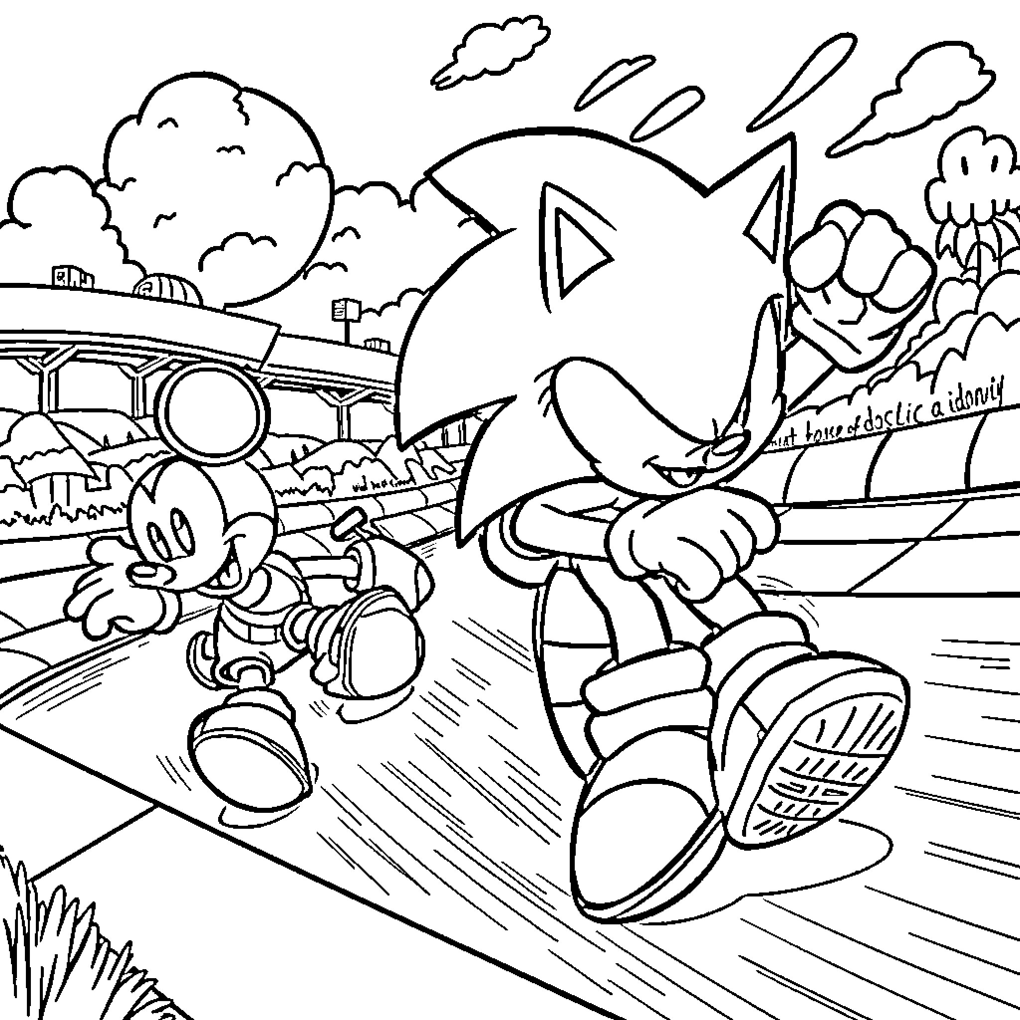 Sonic and Mickey Mouse Racing Through the Countryside Coloring Page (free black-and-white line drawing printable PDF for all, from beginners to advanced learners, including children, teens, adults, and seniors)