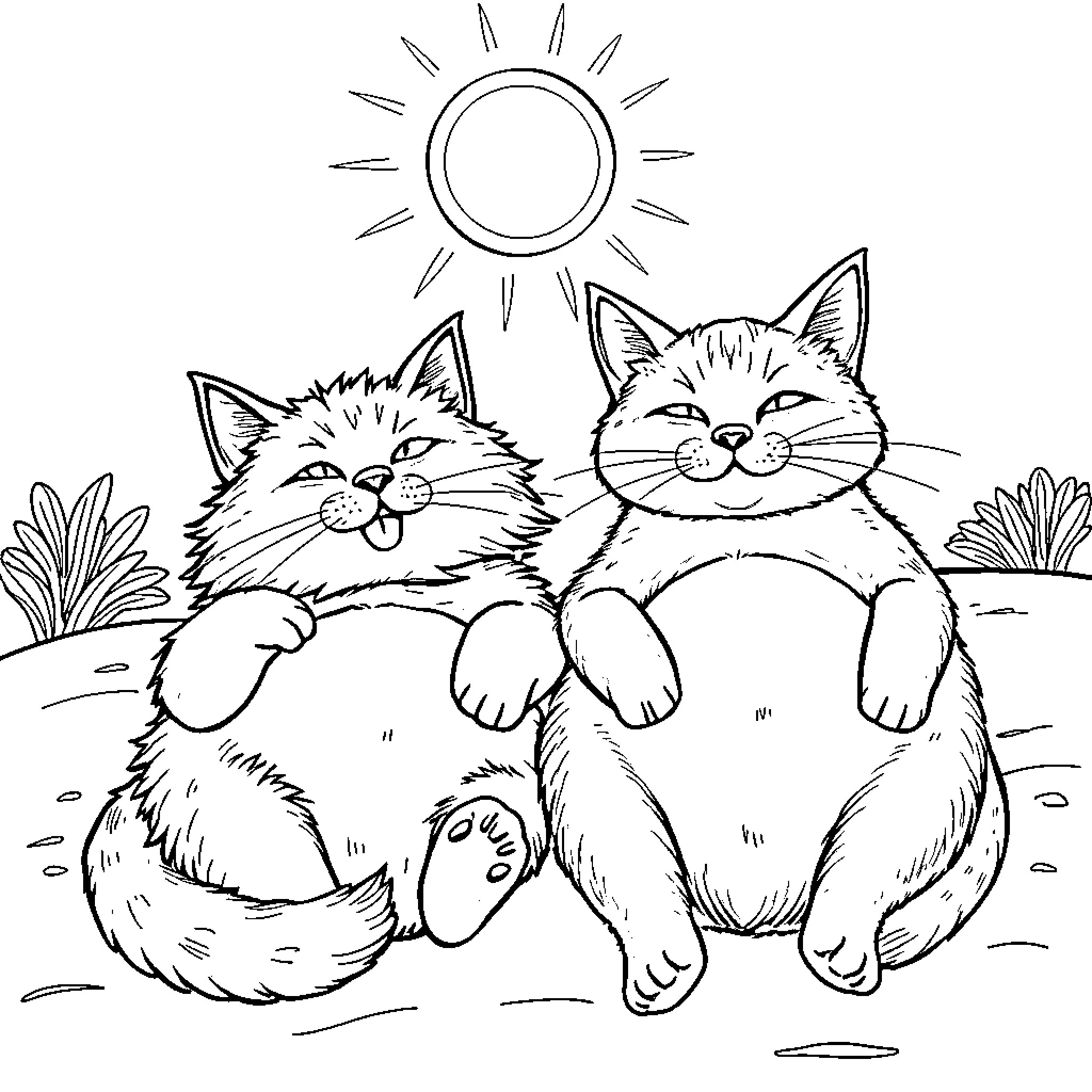 Cats basking in the sunshine Coloring Page (free black-and-white line drawing printable PDF for all, from beginners to advanced learners, including children, teens, adults, and seniors)