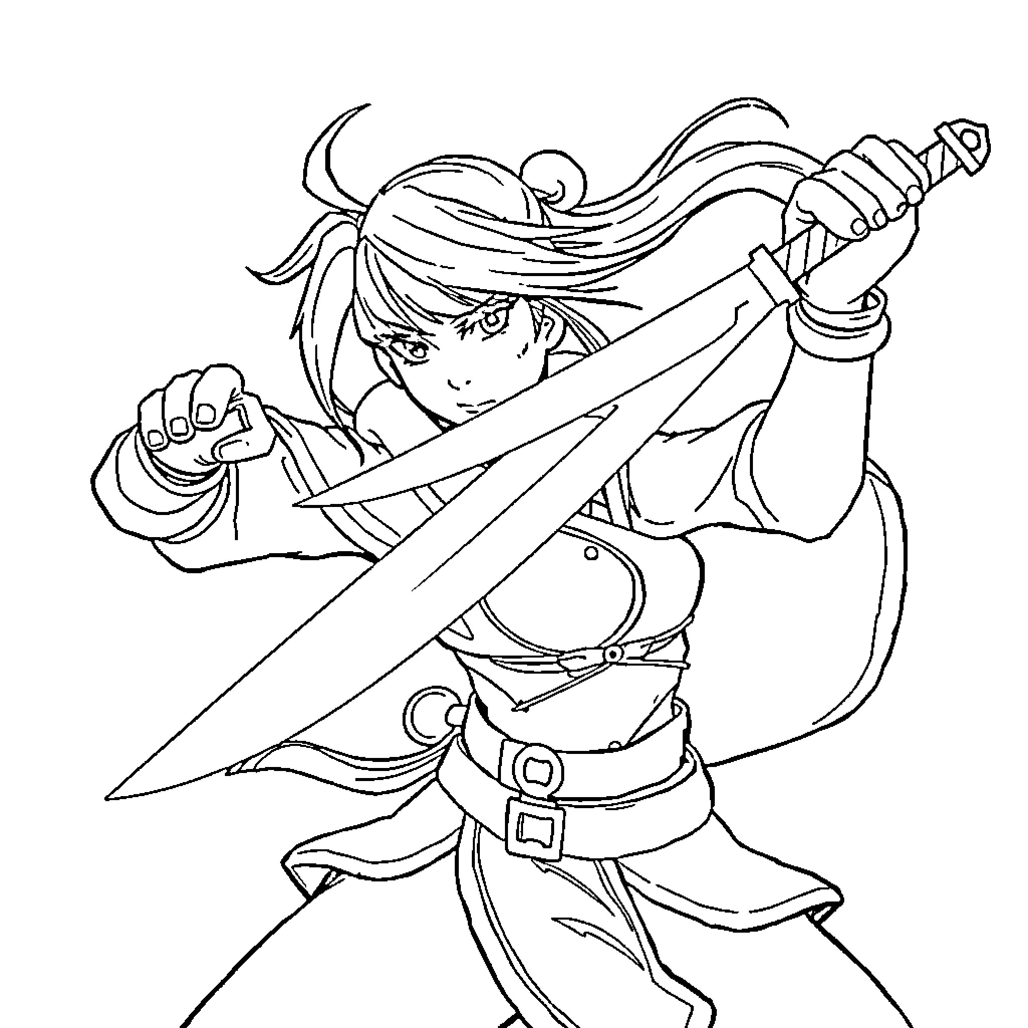 Kiriko the Fierce Warrior in Action Coloring Page (free black-and-white line drawing printable PDF for all, from beginners to advanced learners, including children, teens, adults, and seniors)