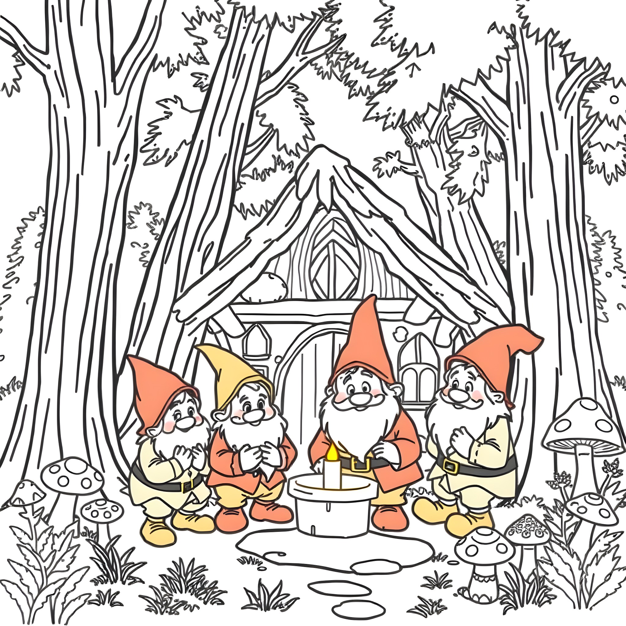 Dwarf gnomes playing in enchanted forest Coloring Page (free black-and-white line drawing printable PDF for all, from beginners to advanced learners, including children, teens, adults, and seniors)