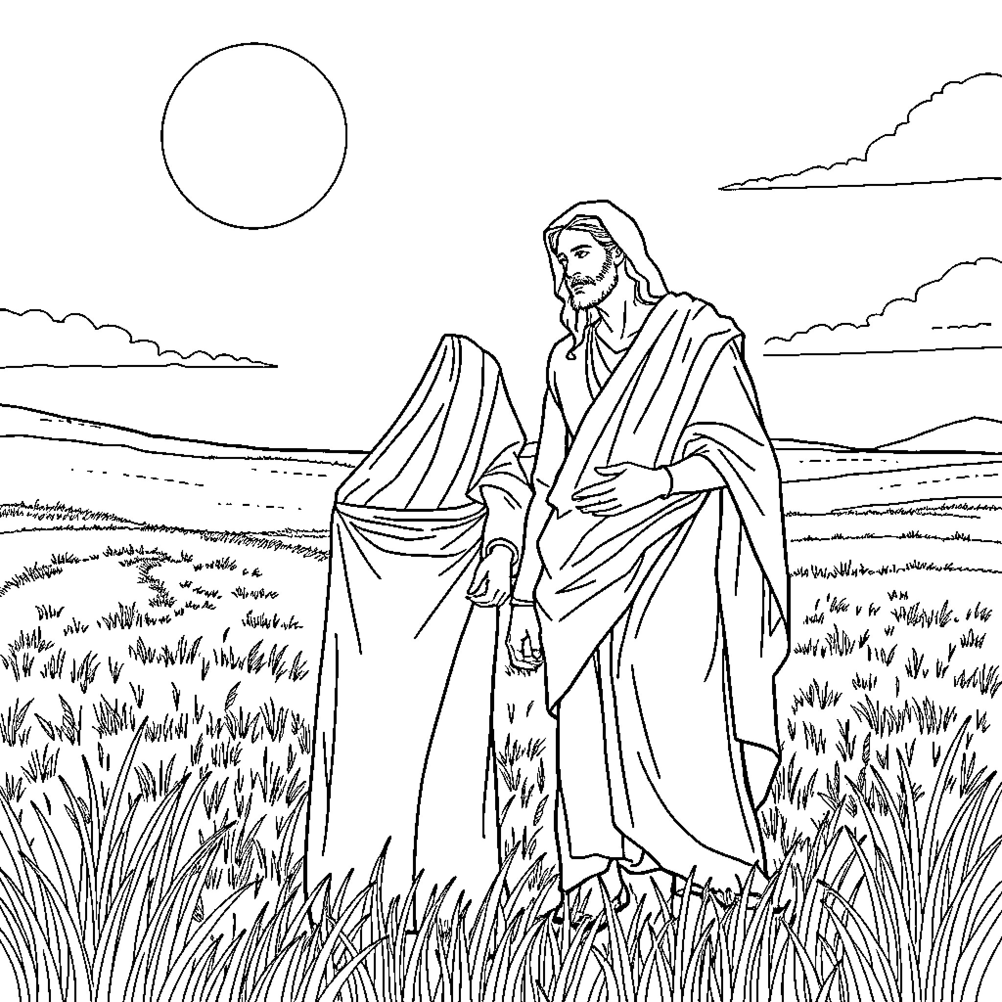 David and Abigail in a Peaceful Pastoral Scene Coloring Page (free black-and-white line drawing printable PDF for all, from beginners to advanced learners, including children, teens, adults, and seniors)