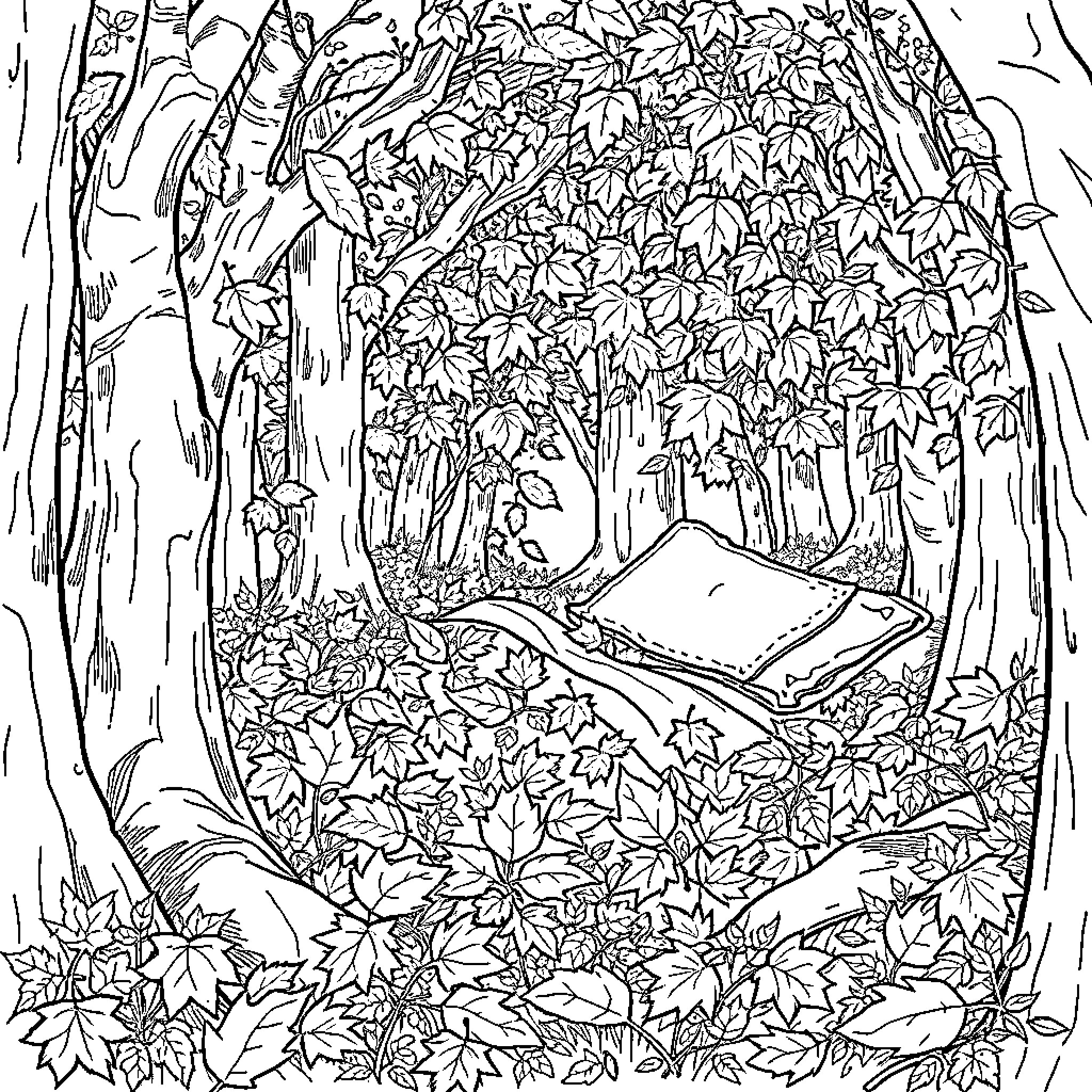 Forest scene with a book in the underbrush Coloring Page (free black-and-white line drawing printable PDF for all, from beginners to advanced learners, including children, teens, adults, and seniors)