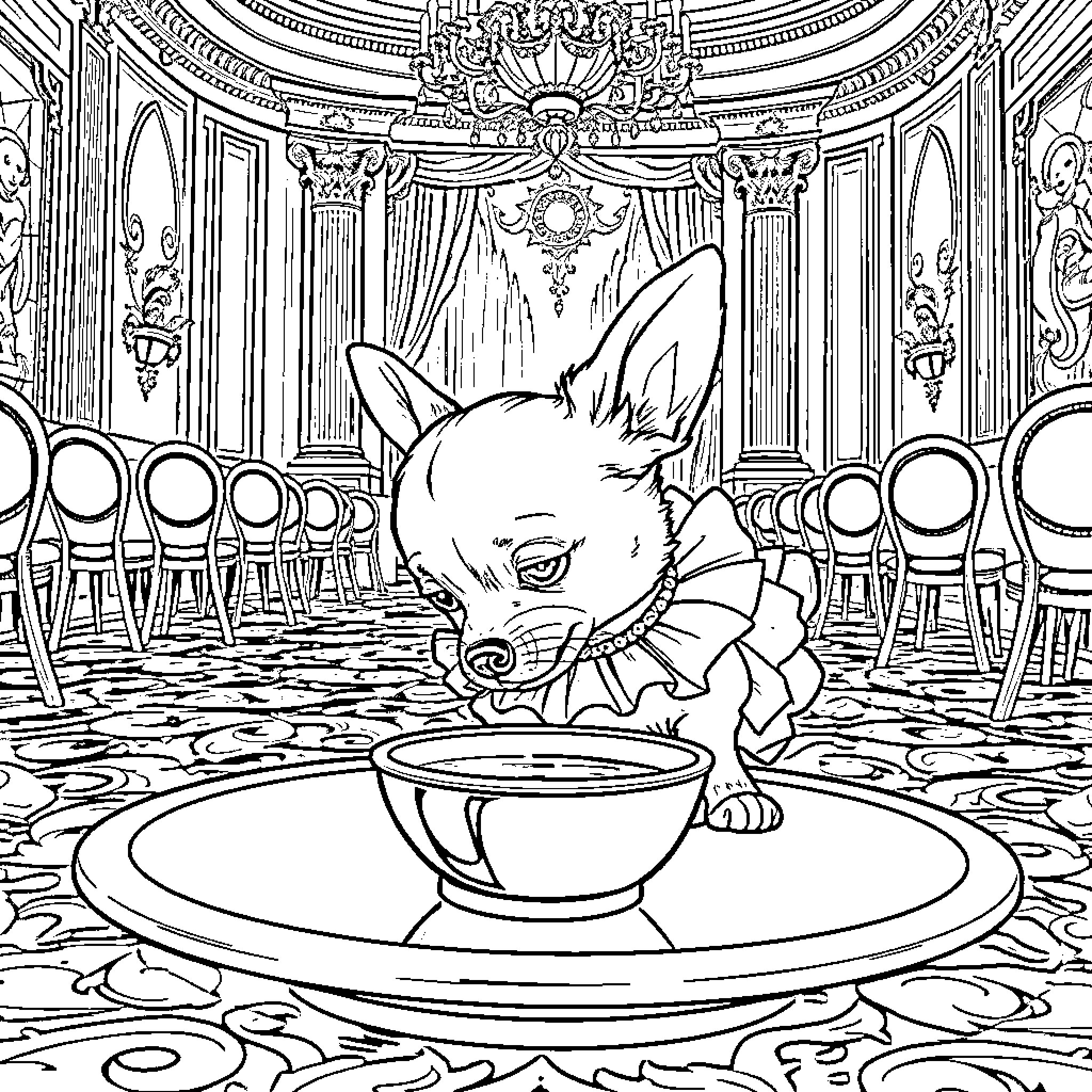 Dog drinking from elegant glass bowl in palace Coloring Page (free black-and-white line drawing printable PDF for all, from beginners to advanced learners, including children, teens, adults, and seniors)