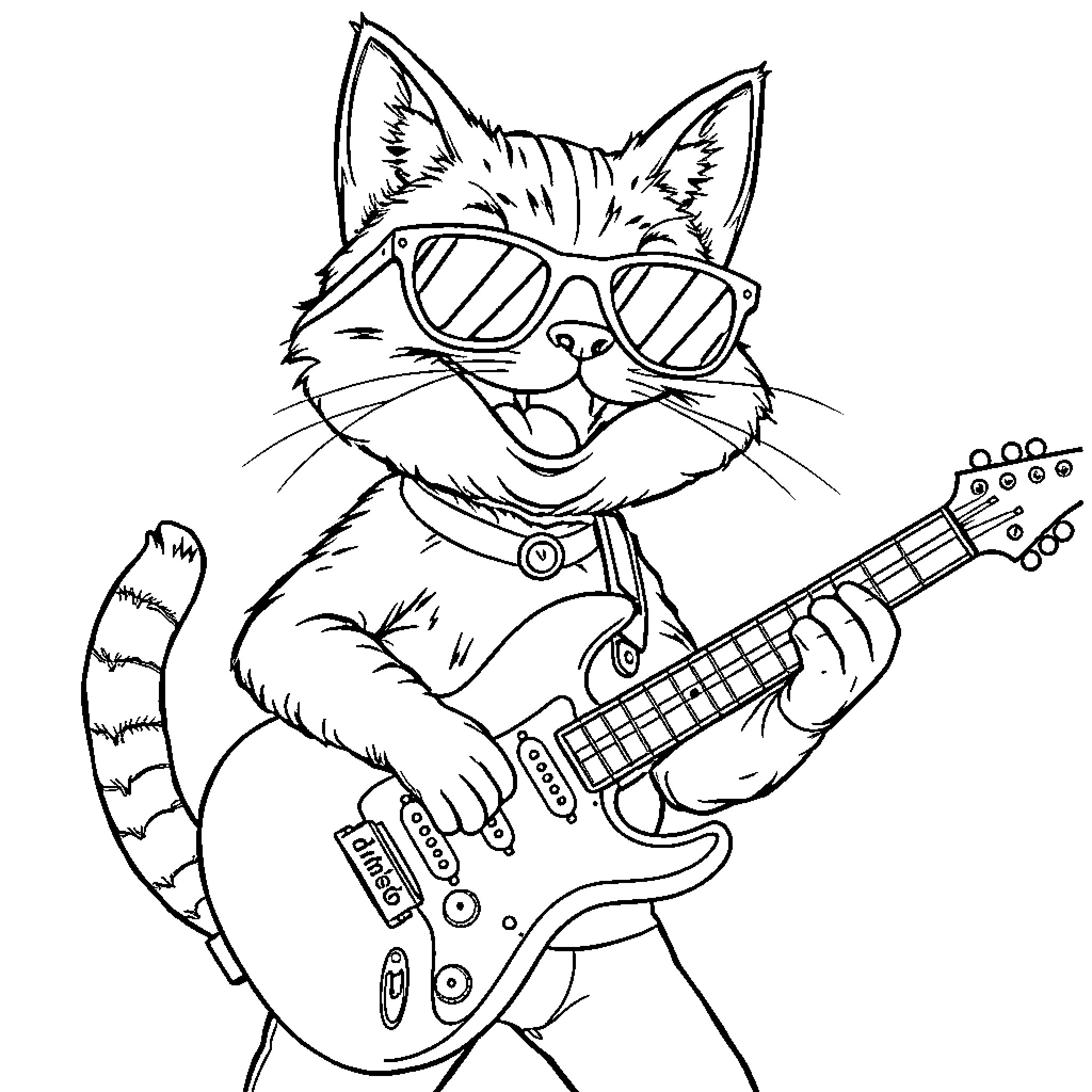 Cat rocking out with electric guitar Coloring Page (free black-and-white line drawing printable PDF for all, from beginners to advanced learners, including children, teens, adults, and seniors)