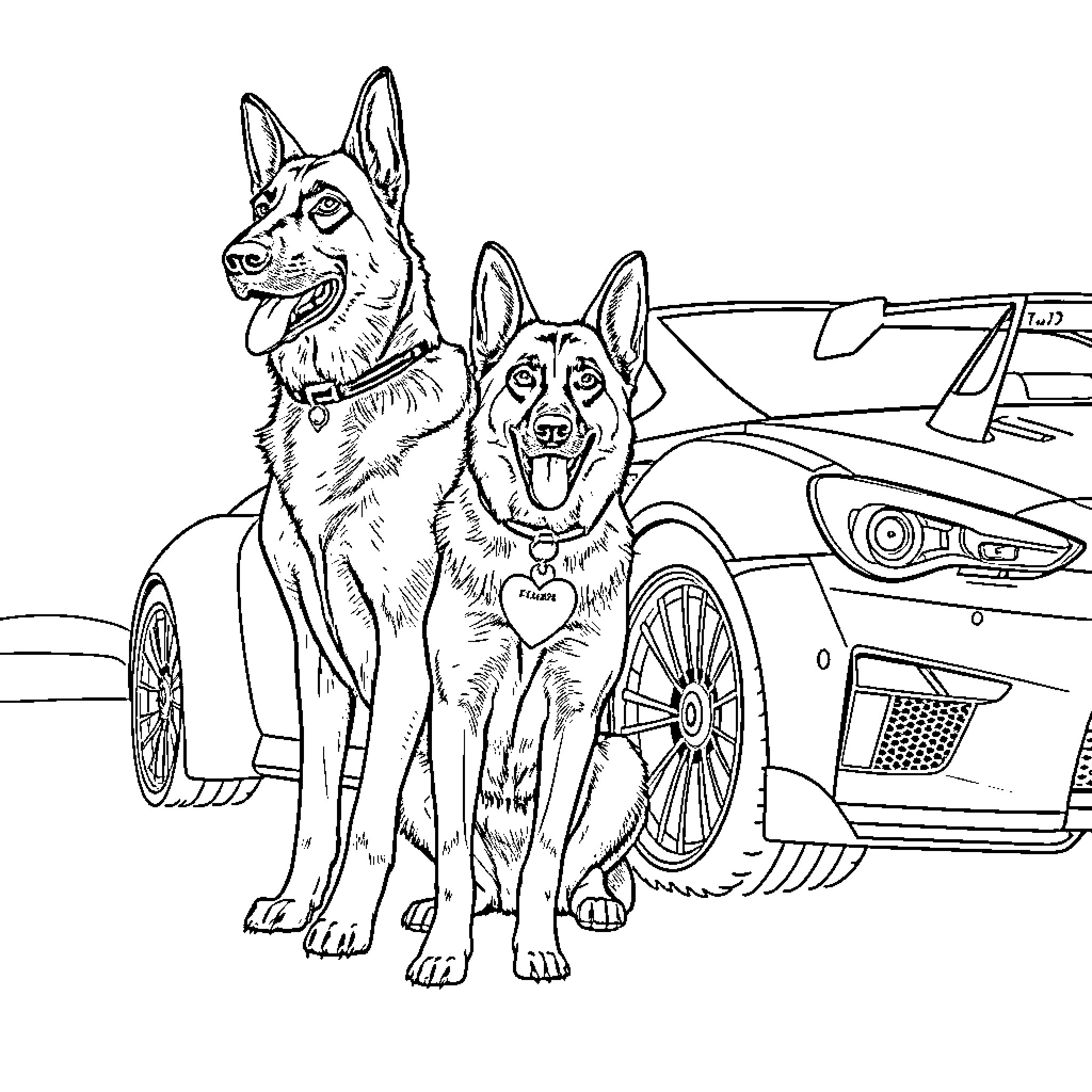German Shepherd Dogs Sitting Next to Luxury Car Coloring Page (free black-and-white line drawing printable PDF for all, from beginners to advanced learners, including children, teens, adults, and seniors)