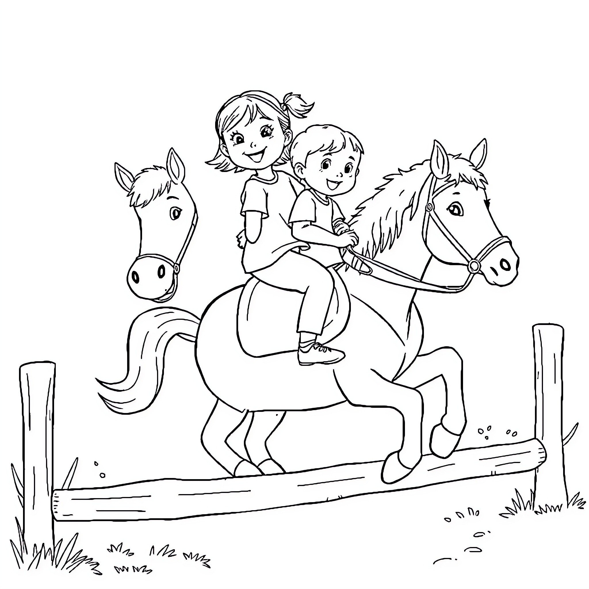 Cheval Siblings Riding Horses Together Coloring Page (free black-and-white line drawing printable PDF for all, from beginners to advanced learners, including children, teens, adults, and seniors)