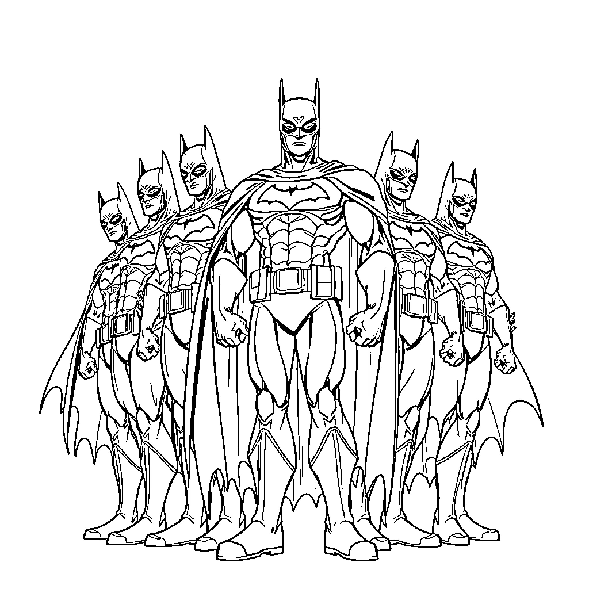 Batman and his crimefighting team in action Coloring Page (free black-and-white line drawing printable PDF for all, from beginners to advanced learners, including children, teens, adults, and seniors)