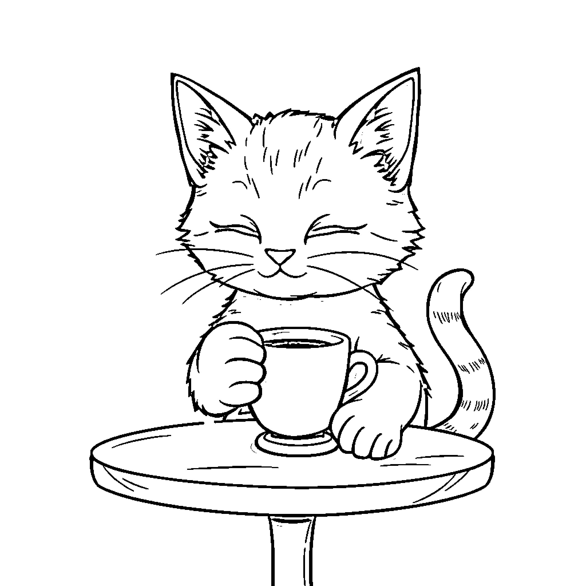 Cat enjoying a cozy cup of coffee Coloring Page (free black-and-white line drawing printable PDF for all, from beginners to advanced learners, including children, teens, adults, and seniors)