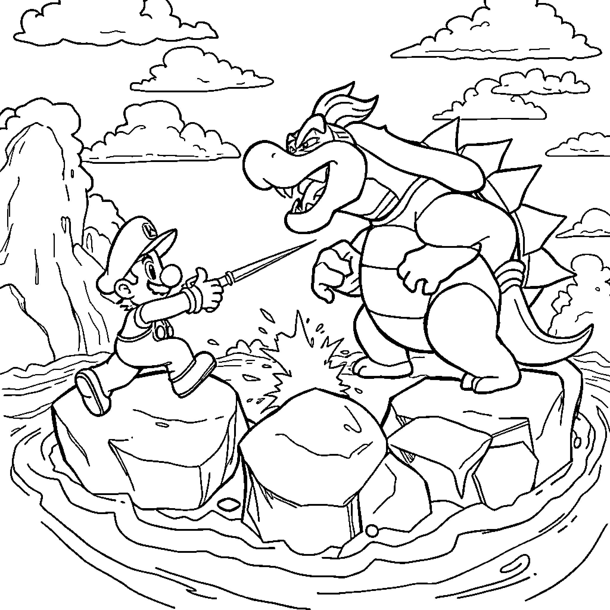 Mario Battling a Ferocious Dragon in a Fantastical Landscape Coloring Page (free black-and-white line drawing printable PDF for all, from beginners to advanced learners, including children, teens, adults, and seniors)