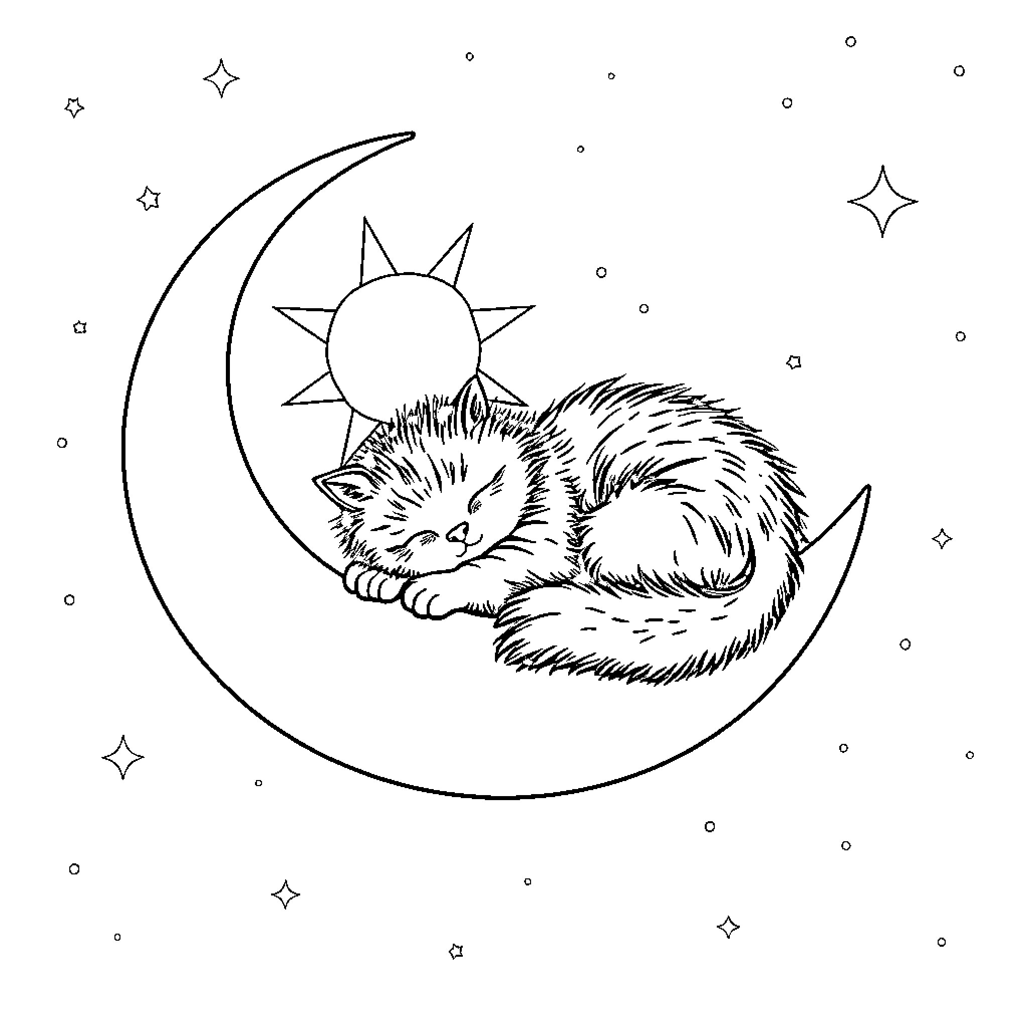 Cat sleeping on a crescent moon Coloring Page (free black-and-white line drawing printable PDF for all, from beginners to advanced learners, including children, teens, adults, and seniors)