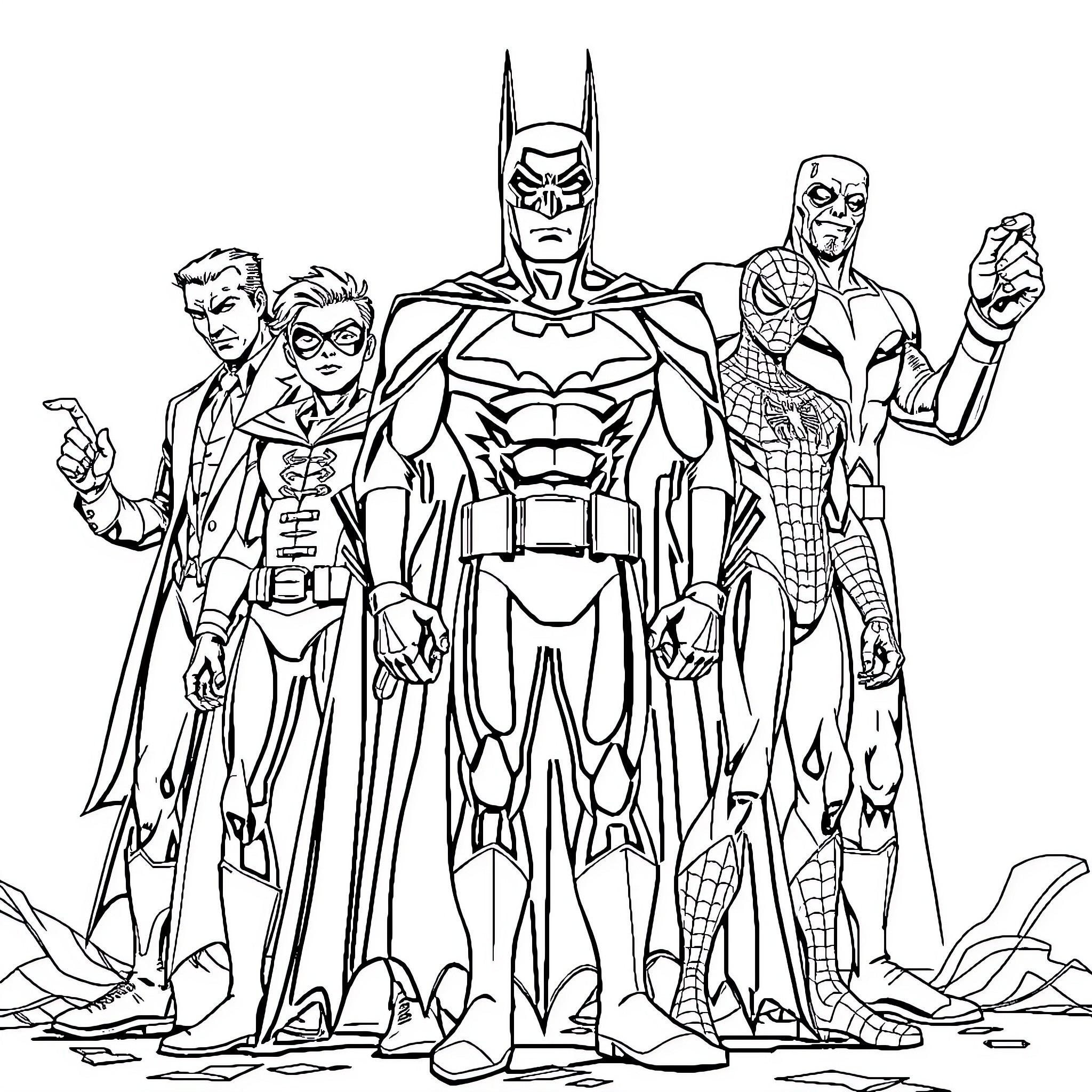 Superhero Team Assembled in Heroic Poses Coloring Page (free black-and-white line drawing printable PDF for all, from beginners to advanced learners, including children, teens, adults, and seniors)