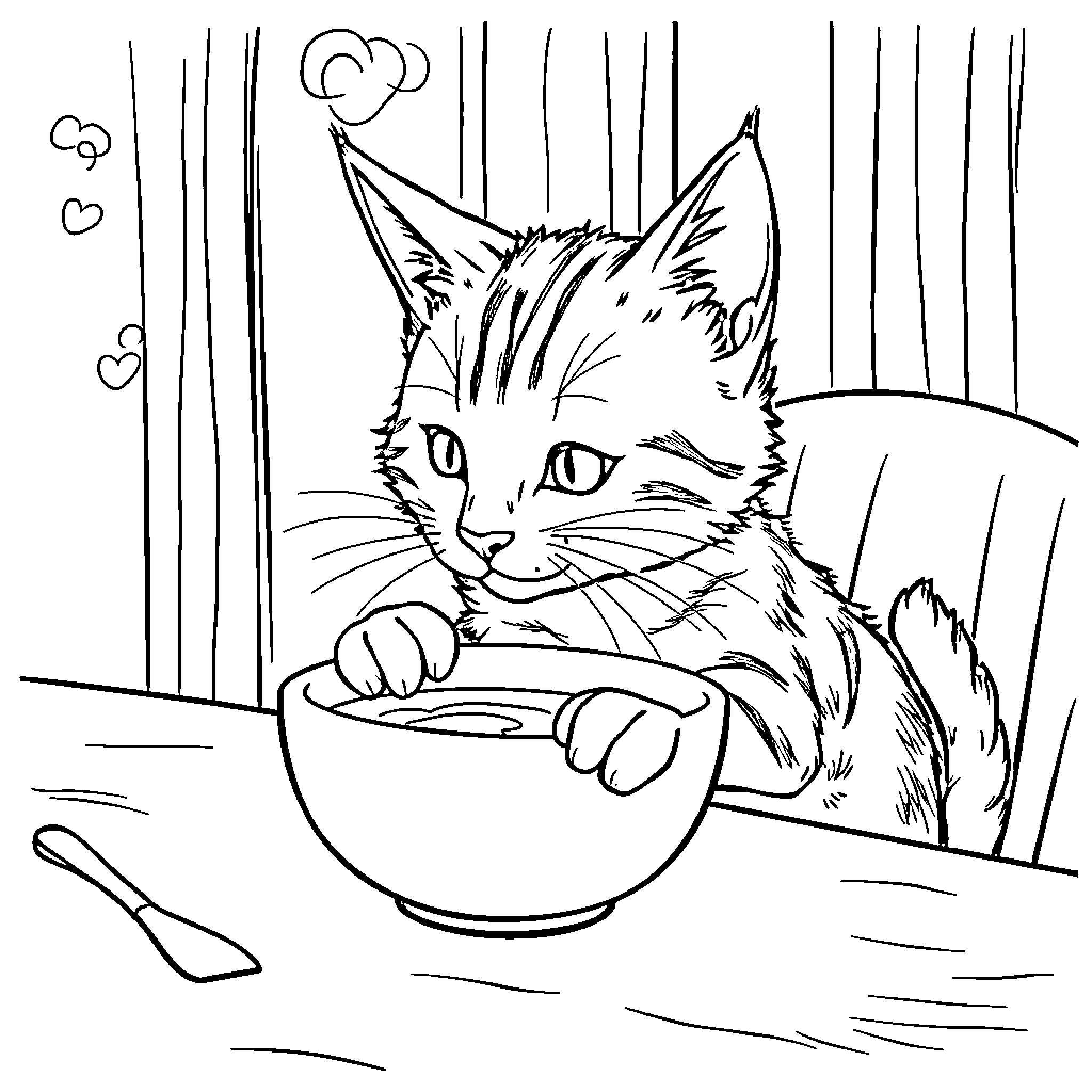 Cat enjoying a meal in the kitchen Coloring Page (free black-and-white line drawing printable PDF for all, from beginners to advanced learners, including children, teens, adults, and seniors)
