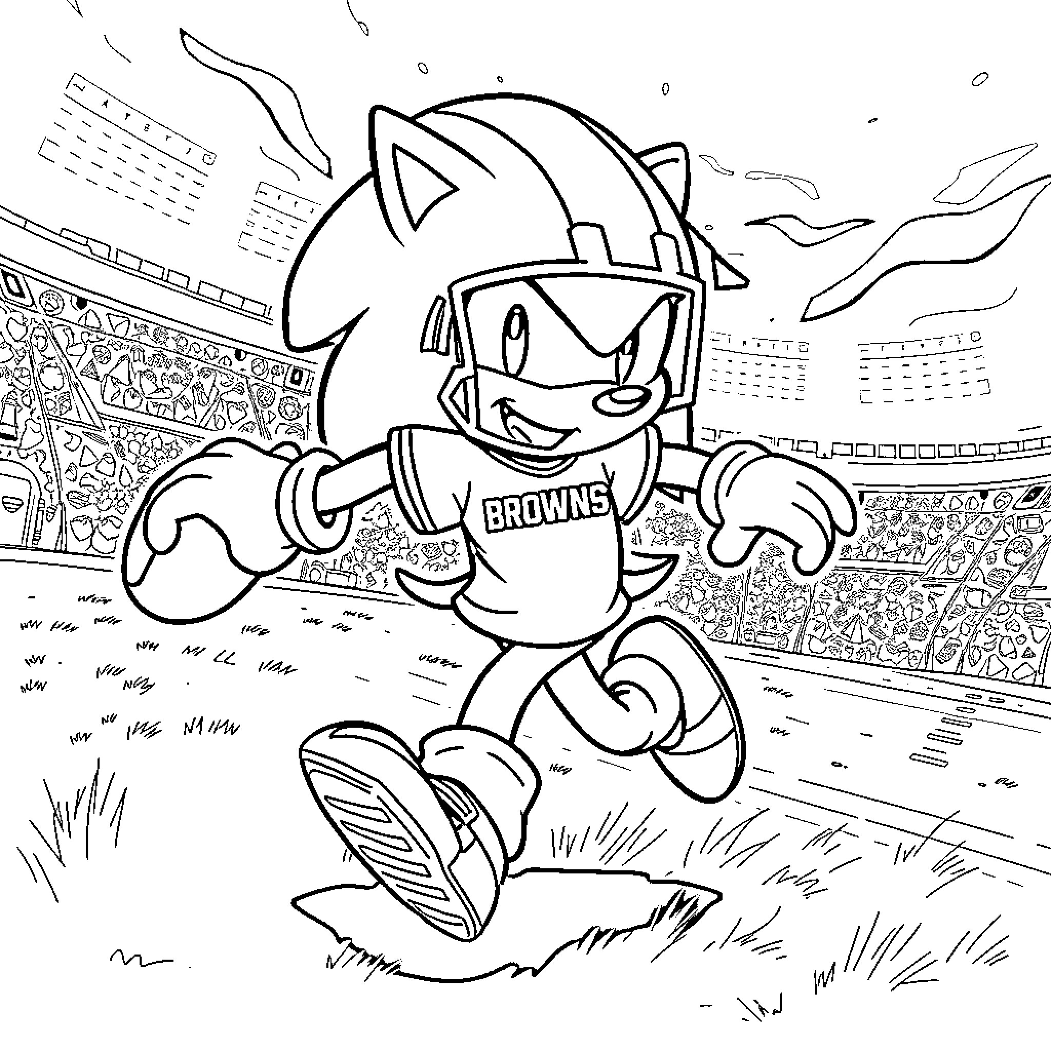 Sonic Running Excitedly in Sports Stadium Coloring Page (free black-and-white line drawing printable PDF for all, from beginners to advanced learners, including children, teens, adults, and seniors)
