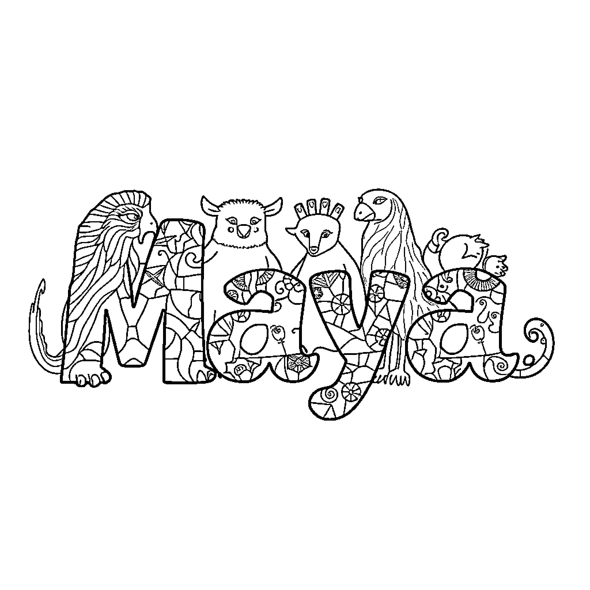 Maya's Whimsical Menagerie of Fantastical Creatures Coloring Page (free black-and-white line drawing printable PDF for all, from beginners to advanced learners, including children, teens, adults, and seniors)