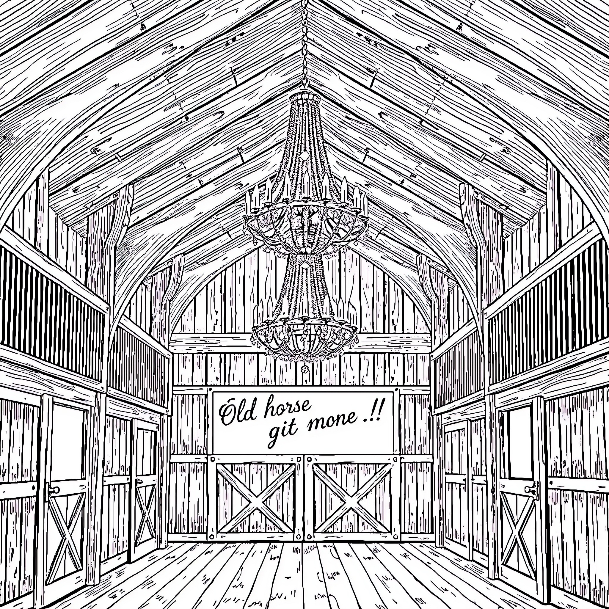 Horse Barn with Elegant Chandeliers and Rustic Decor Coloring Page (free black-and-white line drawing printable PDF for all, from beginners to advanced learners, including children, teens, adults, and seniors)