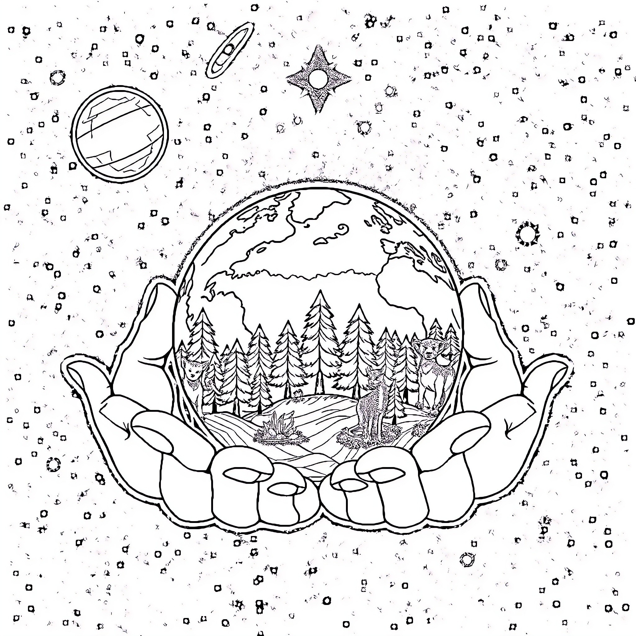 Earth Cradling Serene Mountain Landscape Coloring Page (free black-and-white line drawing printable PDF for all, from beginners to advanced learners, including children, teens, adults, and seniors)