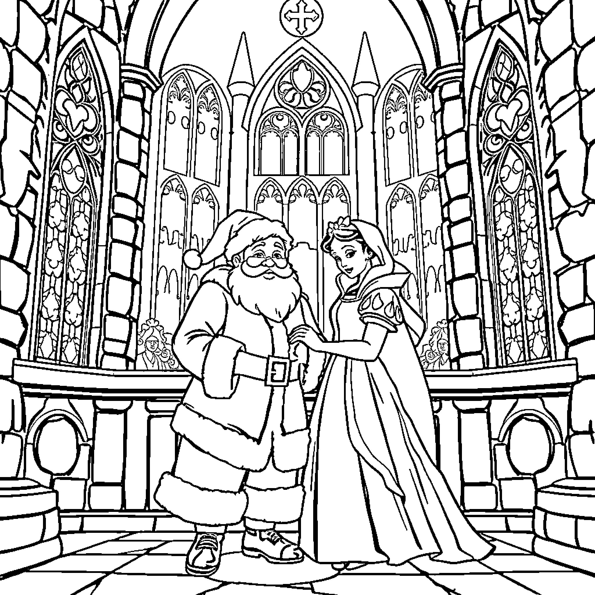 Santa and Princess in Festive Cathedral Coloring Page (free black-and-white line drawing printable PDF for all, from beginners to advanced learners, including children, teens, adults, and seniors)