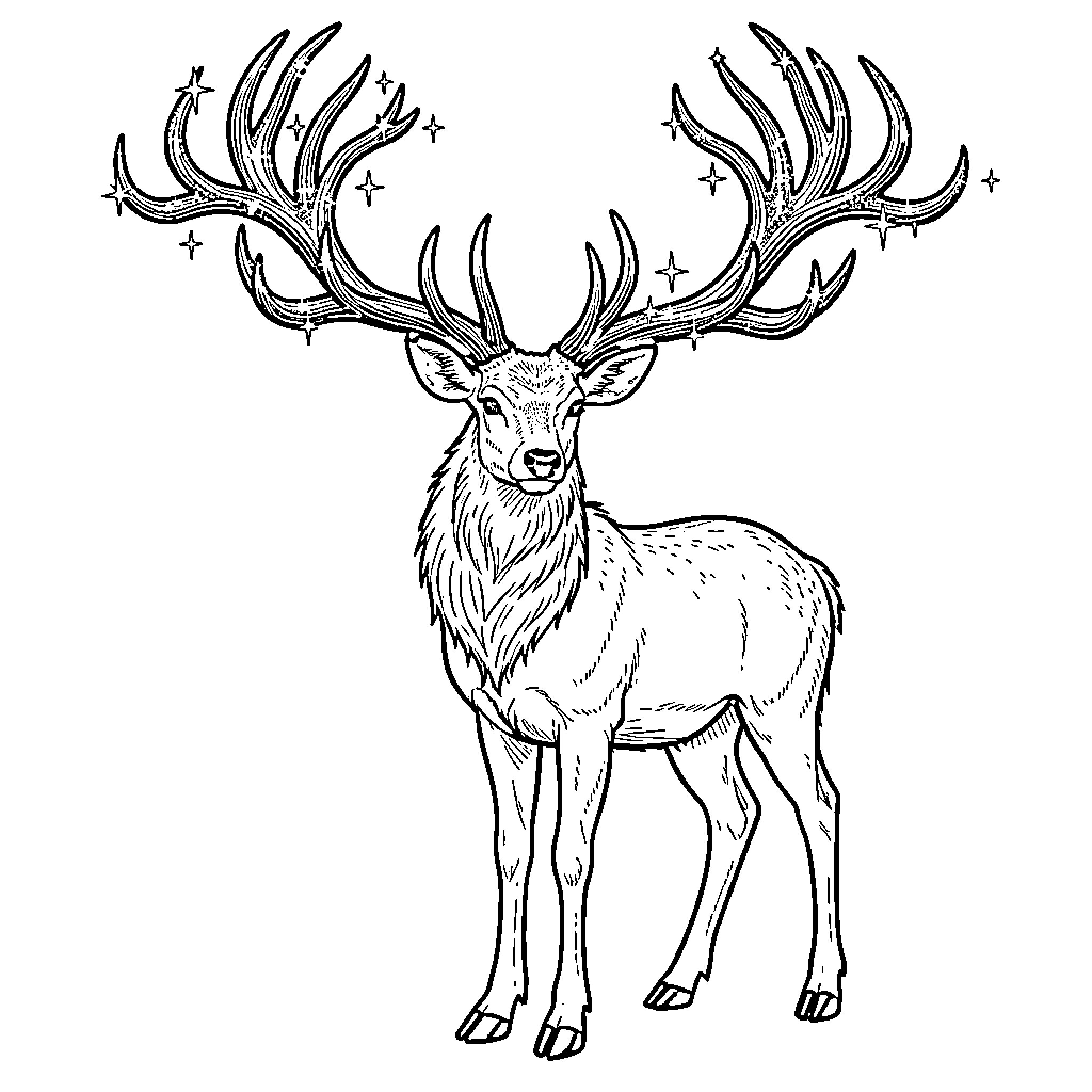 Deer with Majestic Antlers Coloring Page (free black-and-white line drawing printable PDF for all, from beginners to advanced learners, including children, teens, adults, and seniors)