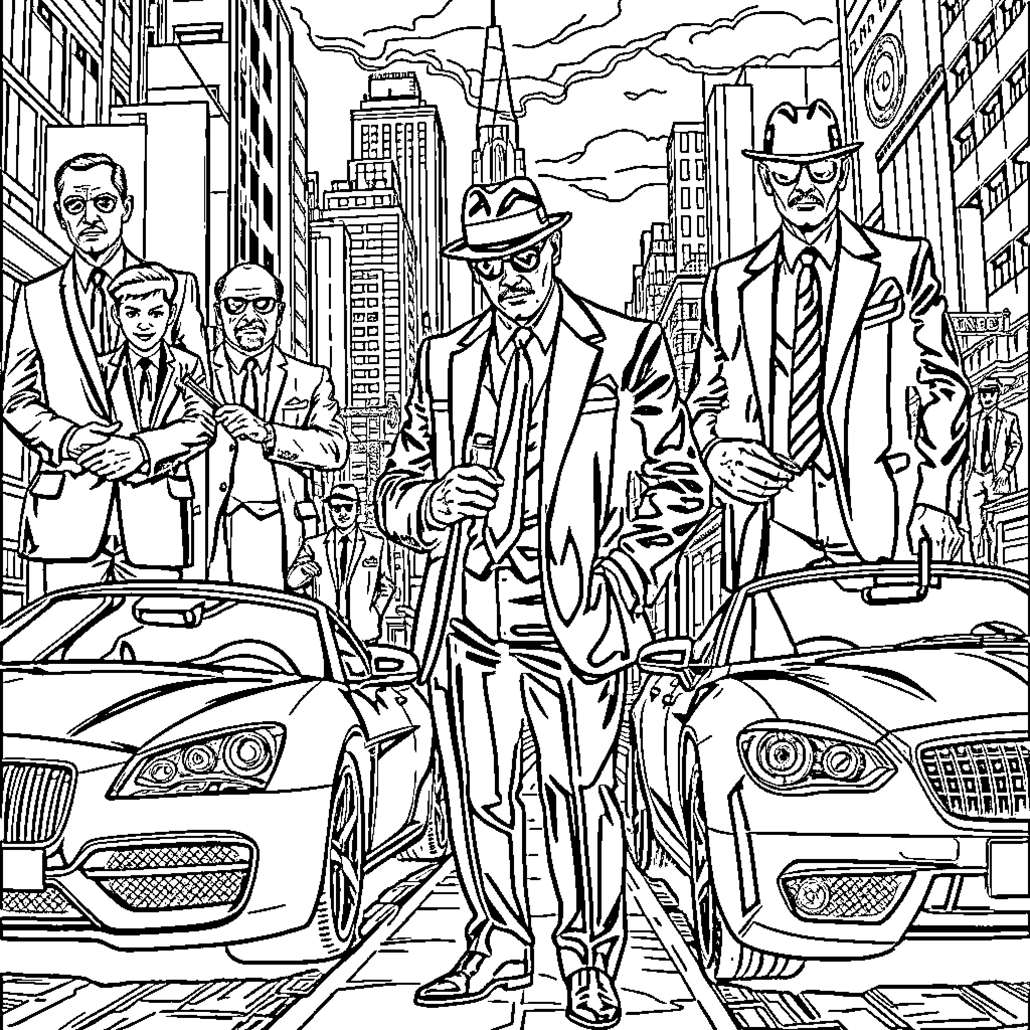 Gangster Boss and His Crew in the City Coloring Page (free black-and-white line drawing printable PDF for all, from beginners to advanced learners, including children, teens, adults, and seniors)