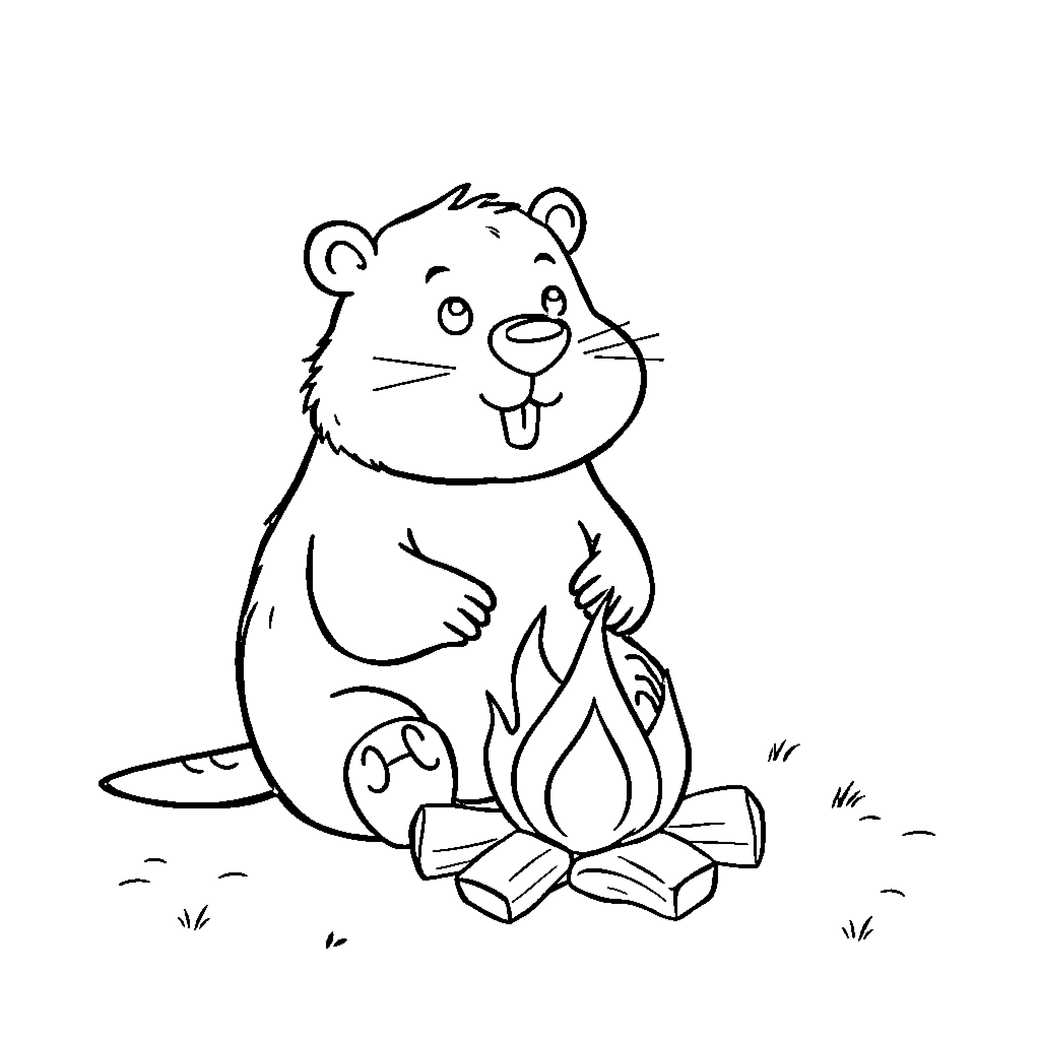 Beaver enjoying campfire by the river Coloring Page (free black-and-white line drawing printable PDF for all, from beginners to advanced learners, including children, teens, adults, and seniors)