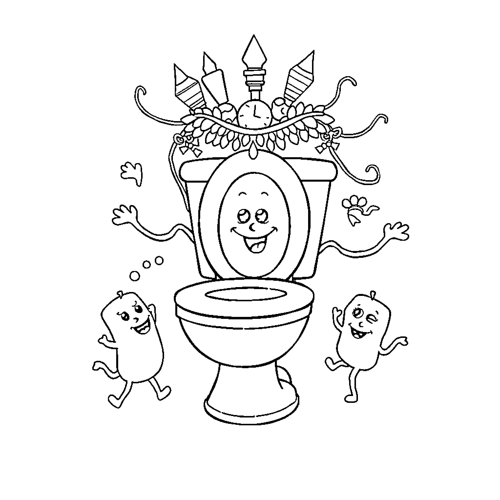 Skibidi Toilet Fun with Cartoon Characters Coloring Page (free black-and-white line drawing printable PDF for all, from beginners to advanced learners, including children, teens, adults, and seniors)