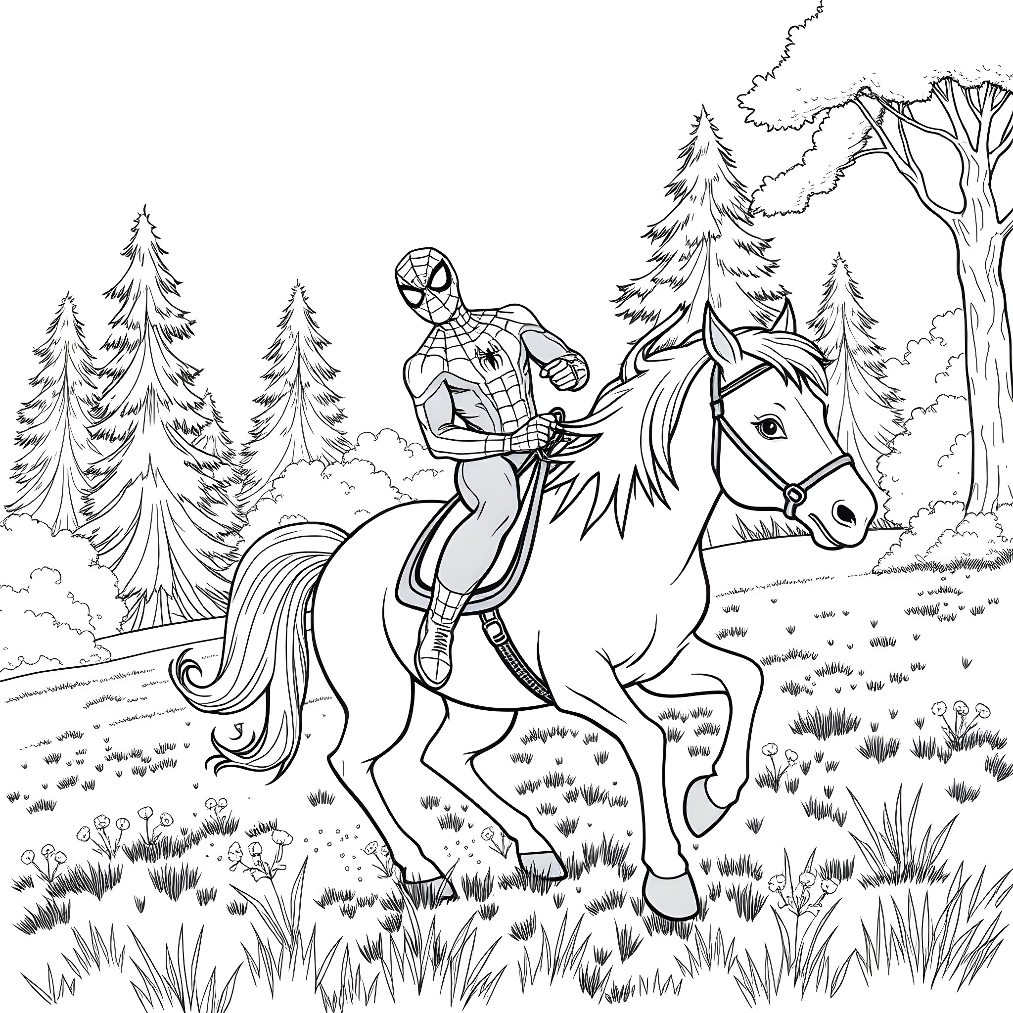 Spiderman riding a horse through the forest Coloring Page (free black-and-white line drawing printable PDF for all, from beginners to advanced learners, including children, teens, adults, and seniors)