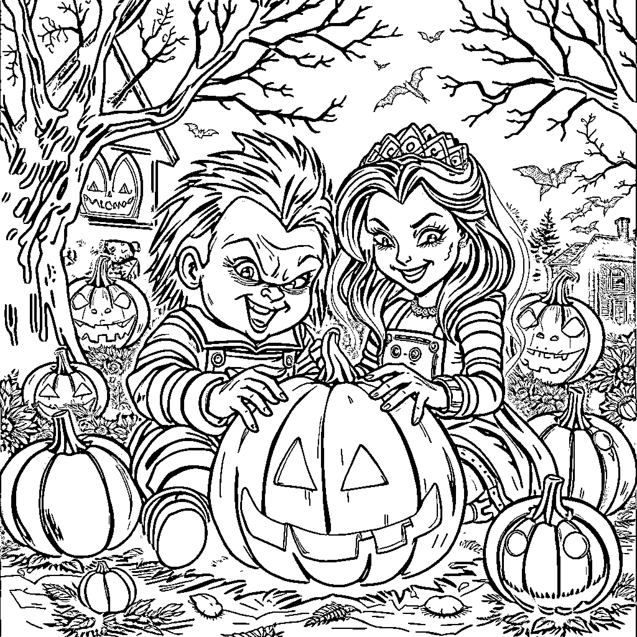 Chucky and Princess Trick-or-Treating in the Haunted Woods Coloring Page (free black-and-white line drawing printable PDF for all, from beginners to advanced learners, including children, teens, adults, and seniors)