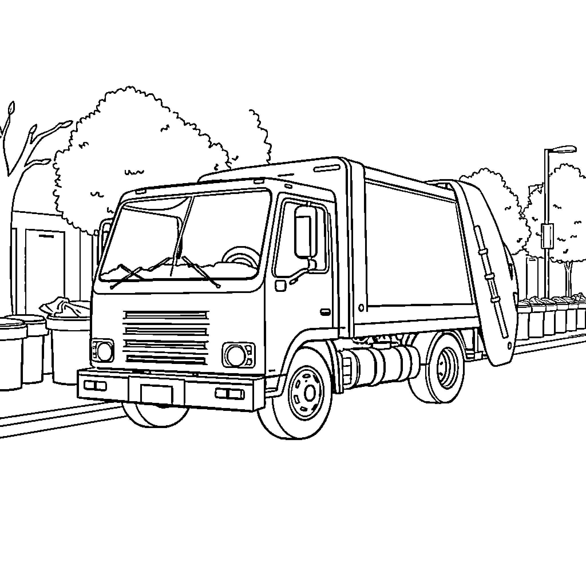 Garbage Truck Collecting Waste in the Neighborhood Coloring Page (free black-and-white line drawing printable PDF for all, from beginners to advanced learners, including children, teens, adults, and seniors)