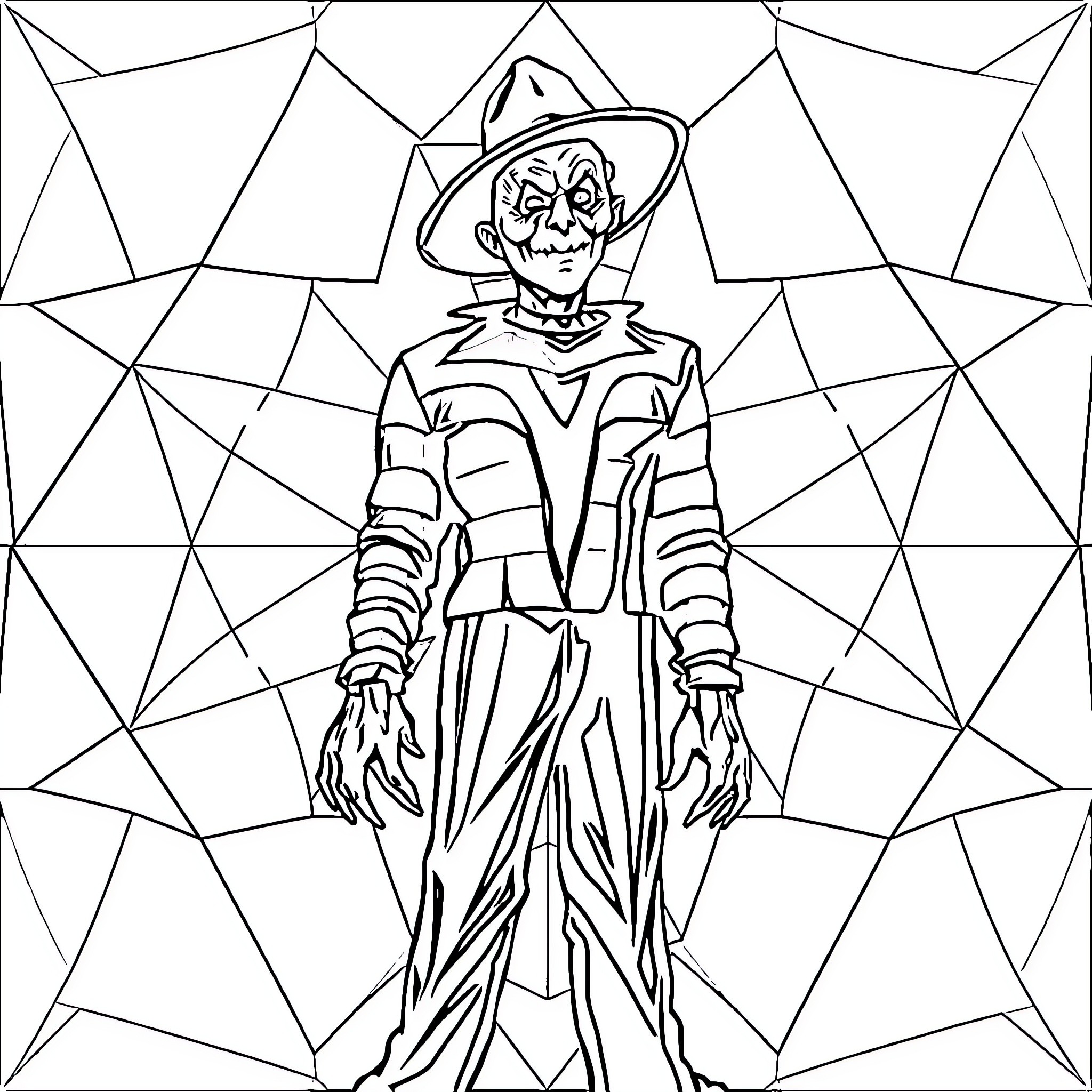 Freddy Krueger standing menacingly in a geometric pattern Coloring Page (free black-and-white line drawing printable PDF for all, from beginners to advanced learners, including children, teens, adults, and seniors)