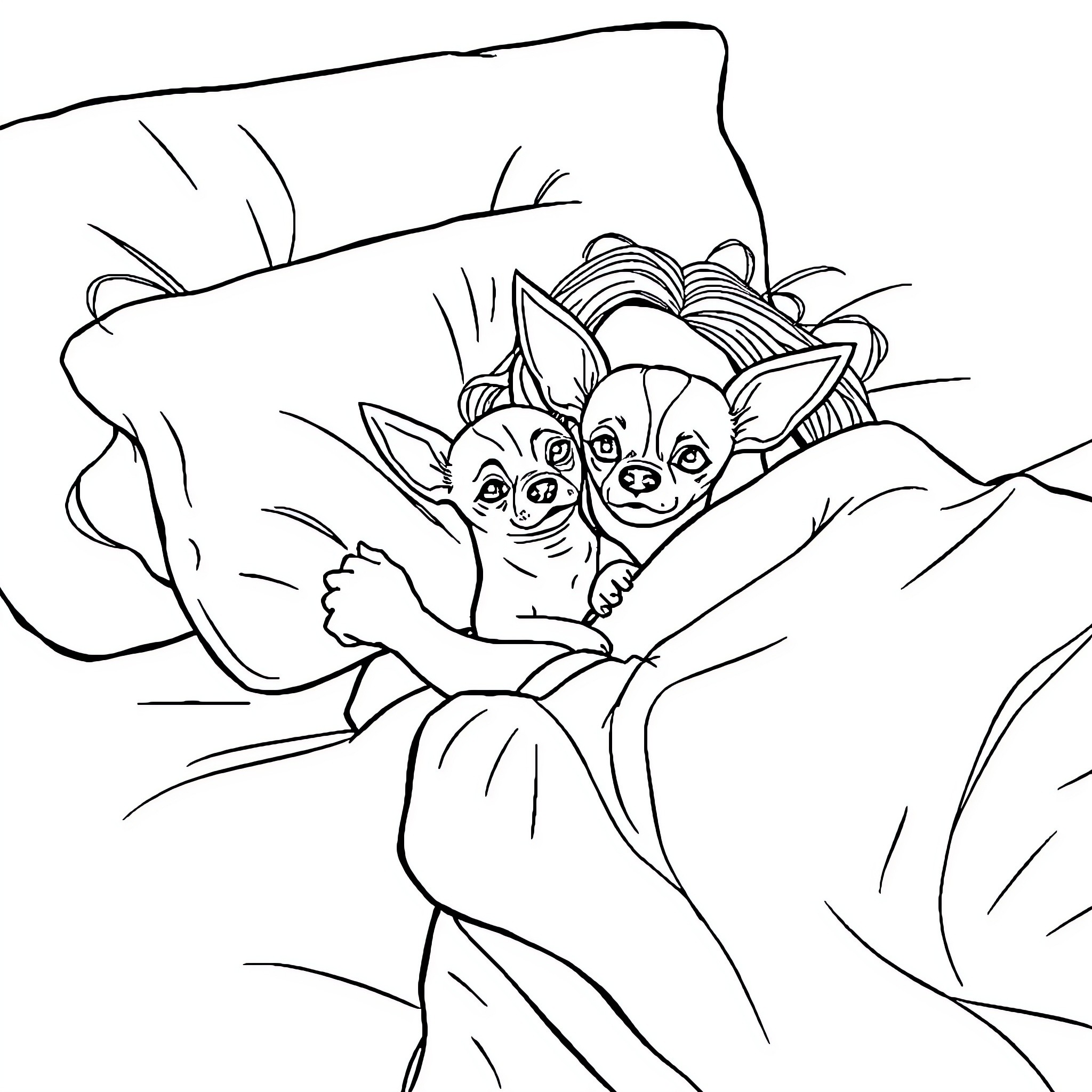 Lady Chihuahuas Snuggling Beneath Blanket Coloring Page (free black-and-white line drawing printable PDF for all, from beginners to advanced learners, including children, teens, adults, and seniors)