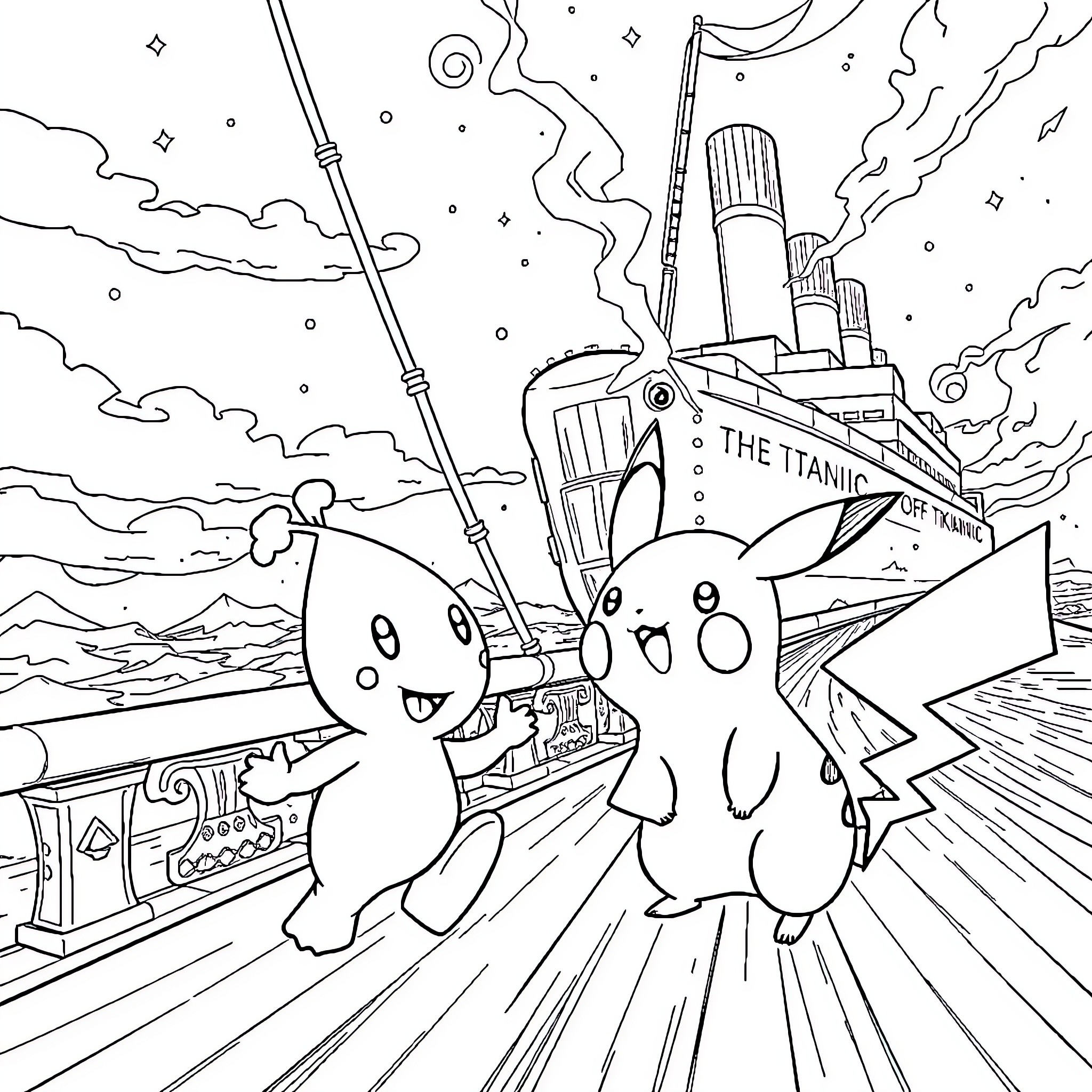 Pikmin exploring the sinking Titanic Coloring Page (free black-and-white line drawing printable PDF for all, from beginners to advanced learners, including children, teens, adults, and seniors)