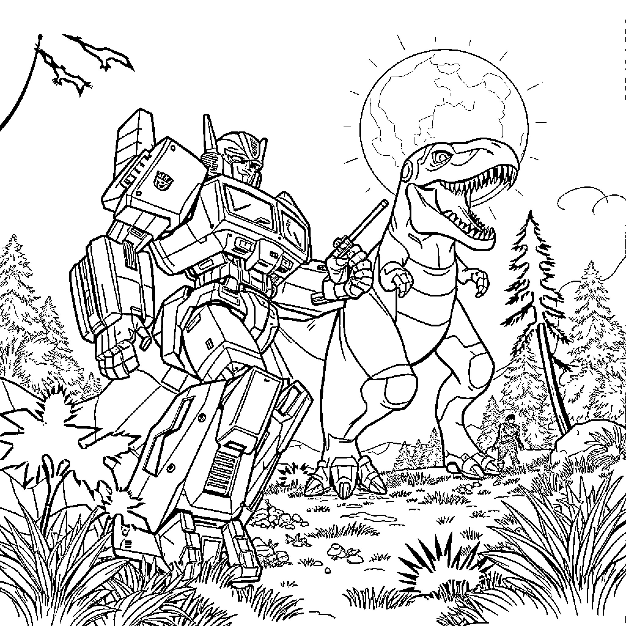 Transformer battles giant dinosaur in wilderness Coloring Page (free black-and-white line drawing printable PDF for all, from beginners to advanced learners, including children, teens, adults, and seniors)