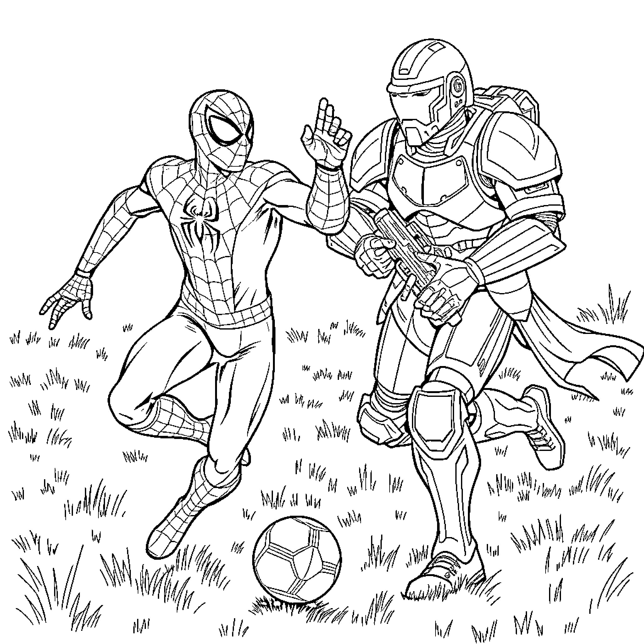 Spiderman and Iron Man playing football together Coloring Page (free black-and-white line drawing printable PDF for all, from beginners to advanced learners, including children, teens, adults, and seniors)