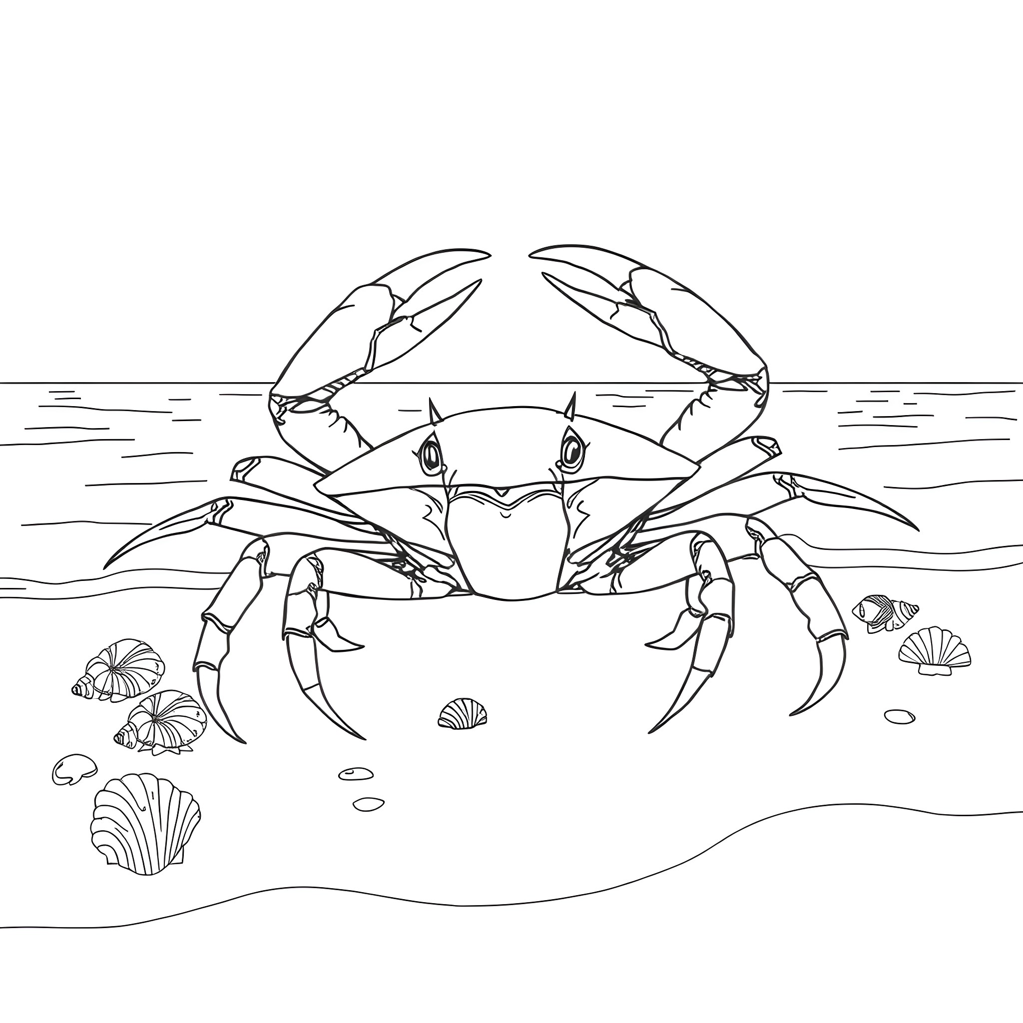 King Crab exploring ocean floor with shells Coloring Page (free black-and-white line drawing printable PDF for all, from beginners to advanced learners, including children, teens, adults, and seniors)