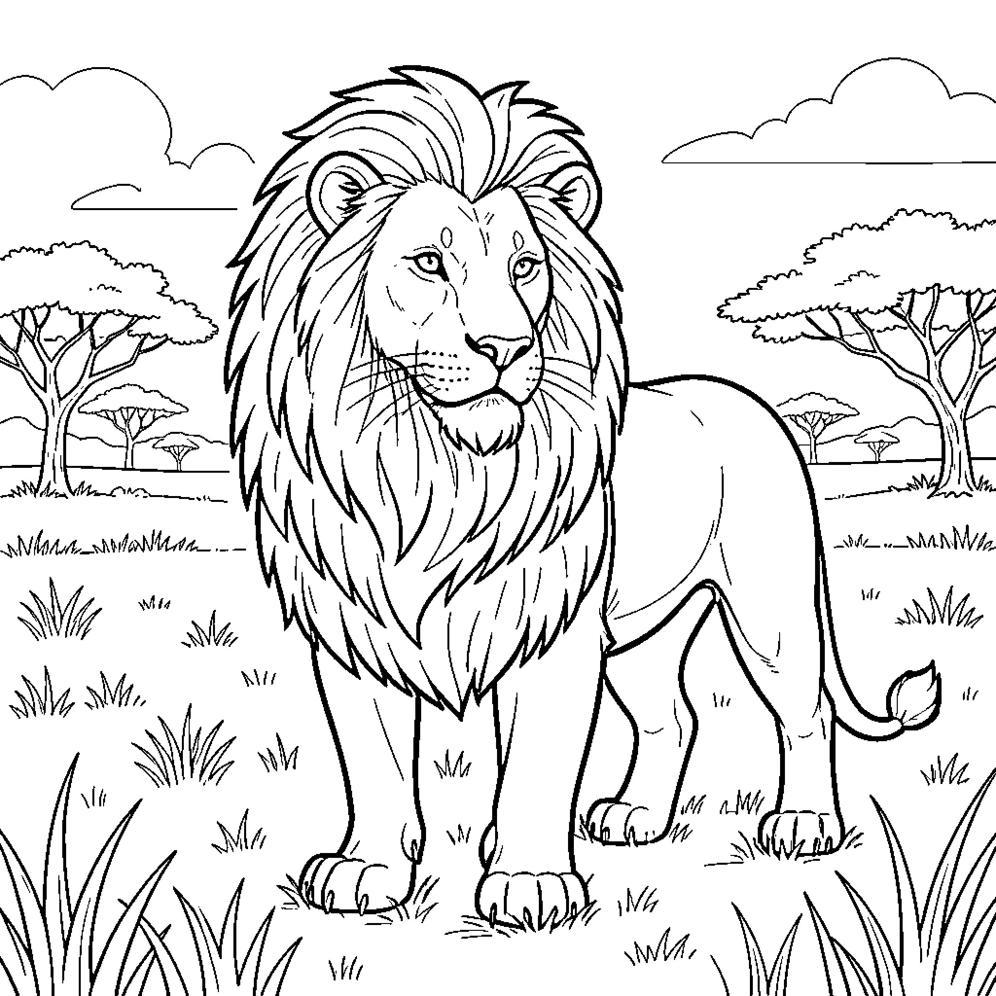 Lion standing majestically in a serene landscape Coloring Page (free black-and-white line drawing printable PDF for all, from beginners to advanced learners, including children, teens, adults, and seniors)
