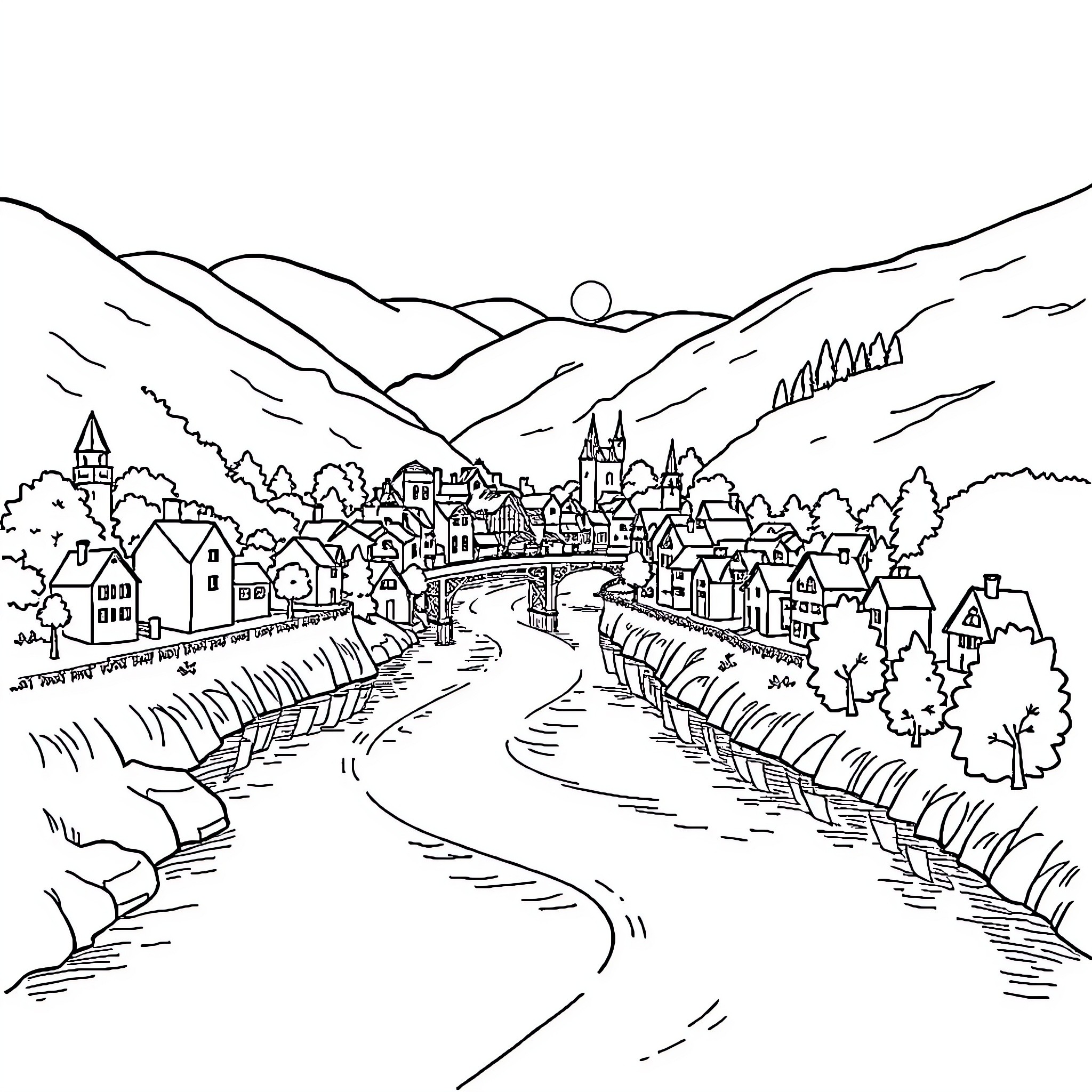 Town nestled amidst rolling hills and lush foliage Coloring Page (free black-and-white line drawing printable PDF for all, from beginners to advanced learners, including children, teens, adults, and seniors)