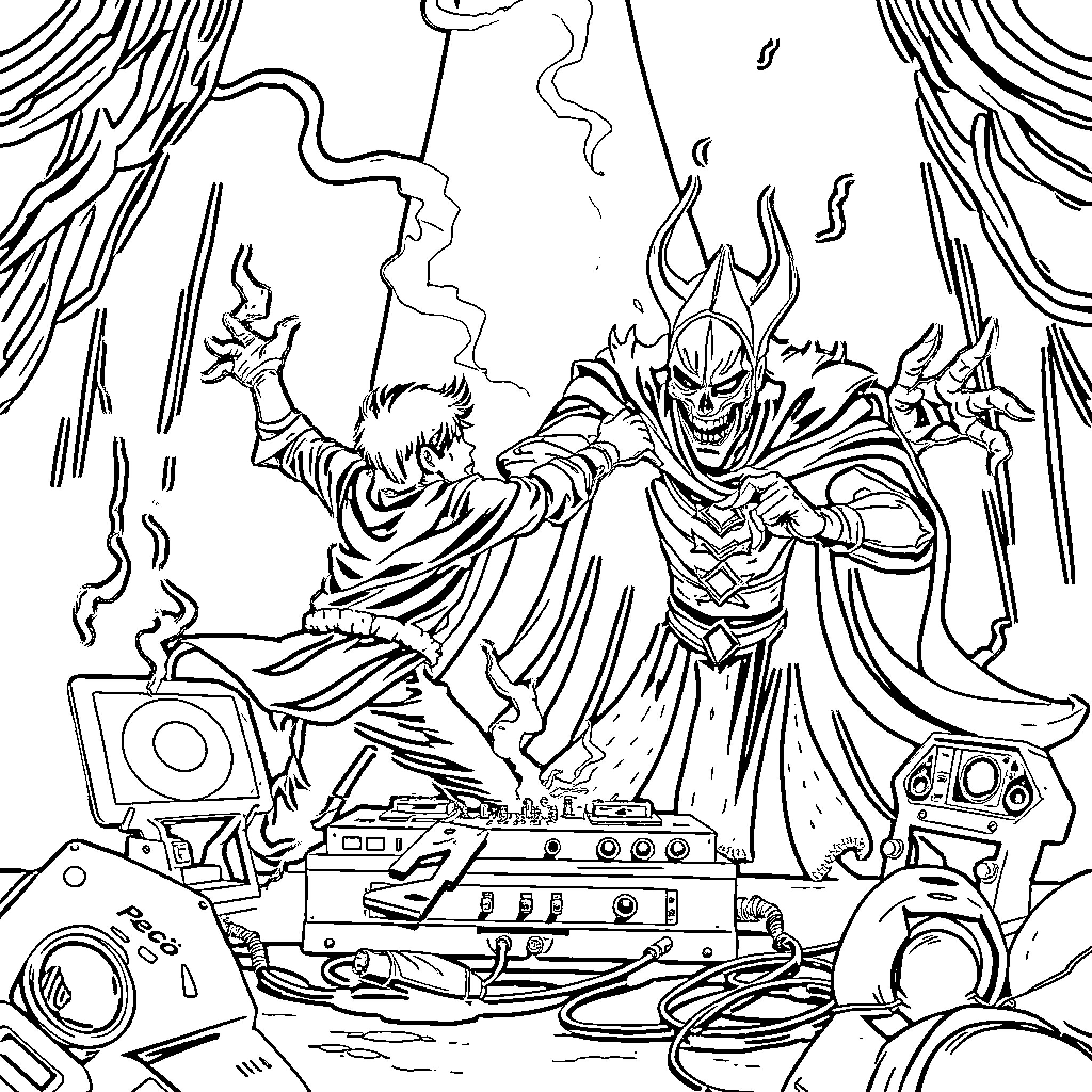 Poco's Techno Warrior Unleashes Fury Coloring Page (free black-and-white line drawing printable PDF for all, from beginners to advanced learners, including children, teens, adults, and seniors)